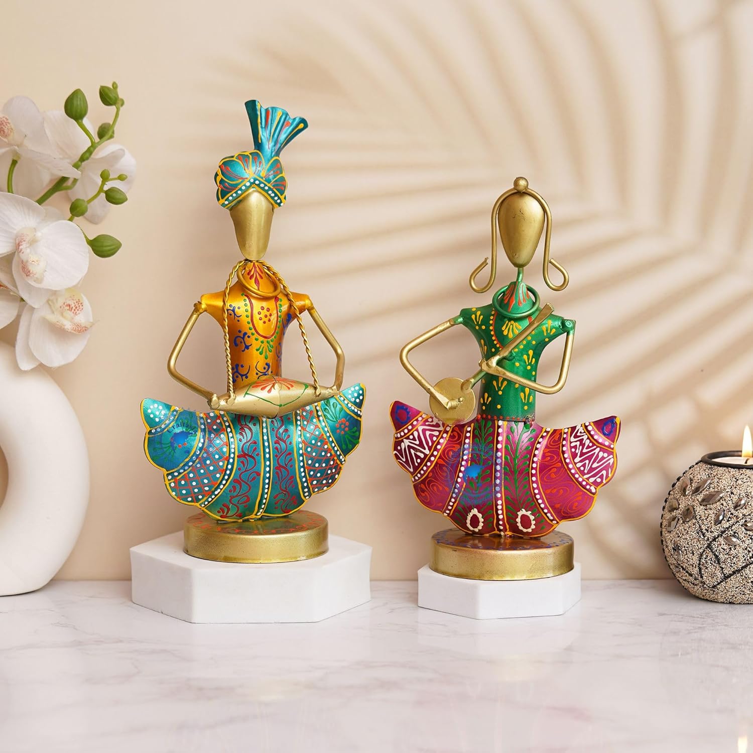 Metal Rajasthani Musicians Set of 2 Showpiece, Table Decorative Items, Decorative Items for Home,Antique Gift Items, Vintage Showpiece, Home Decoration Items. (Couple)