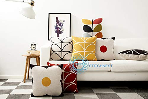 STITCHNEST Set of 7 Polycotton Cushion Covers – 16x16 Inches – Modern Retro Floral & Leaf Print in Mustard, Black & Red – Bold Decorative Cushion Covers for Sofa & Living Room Decor