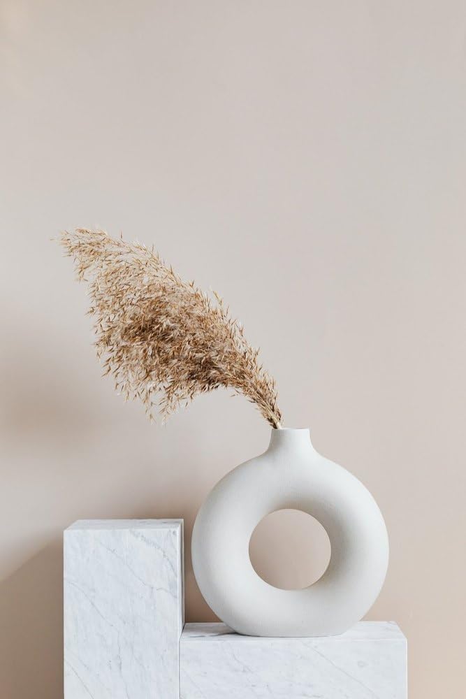 White Ceramic Donut Vase, 6 Inch Modern Flower Vase for Pampas Grass, Dried Flowers, Home & Office Decor, Centerpiece, Handcrafted Gift Vase Only