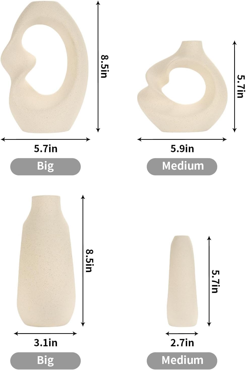 Unique White Ceramic Donut Vase 8.5 & 5.7 Inch - Set of 2 | Decorative Donut Vase for Dried Flowers & Pampas Grass | Vases for Modern Home Decor, Living Room, Office Decor Ideas