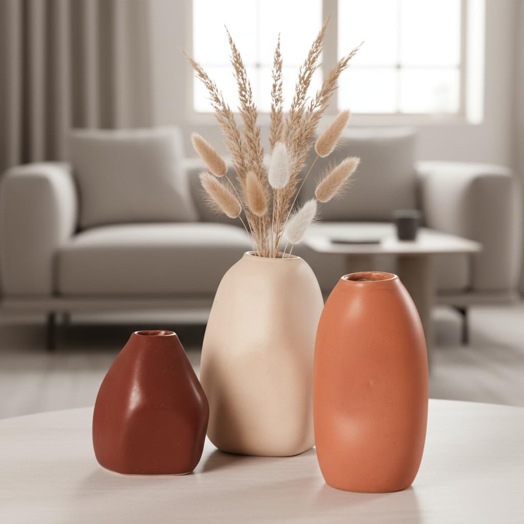 Rustic Ceramic Bud Vase - Set of 3 | Centerpiece & Showpiece for Home Decor, Living Room, Bookshelf & Tabletop Styling | Decorative Vase for Pampas Grass, Dried & Artificial Flowers