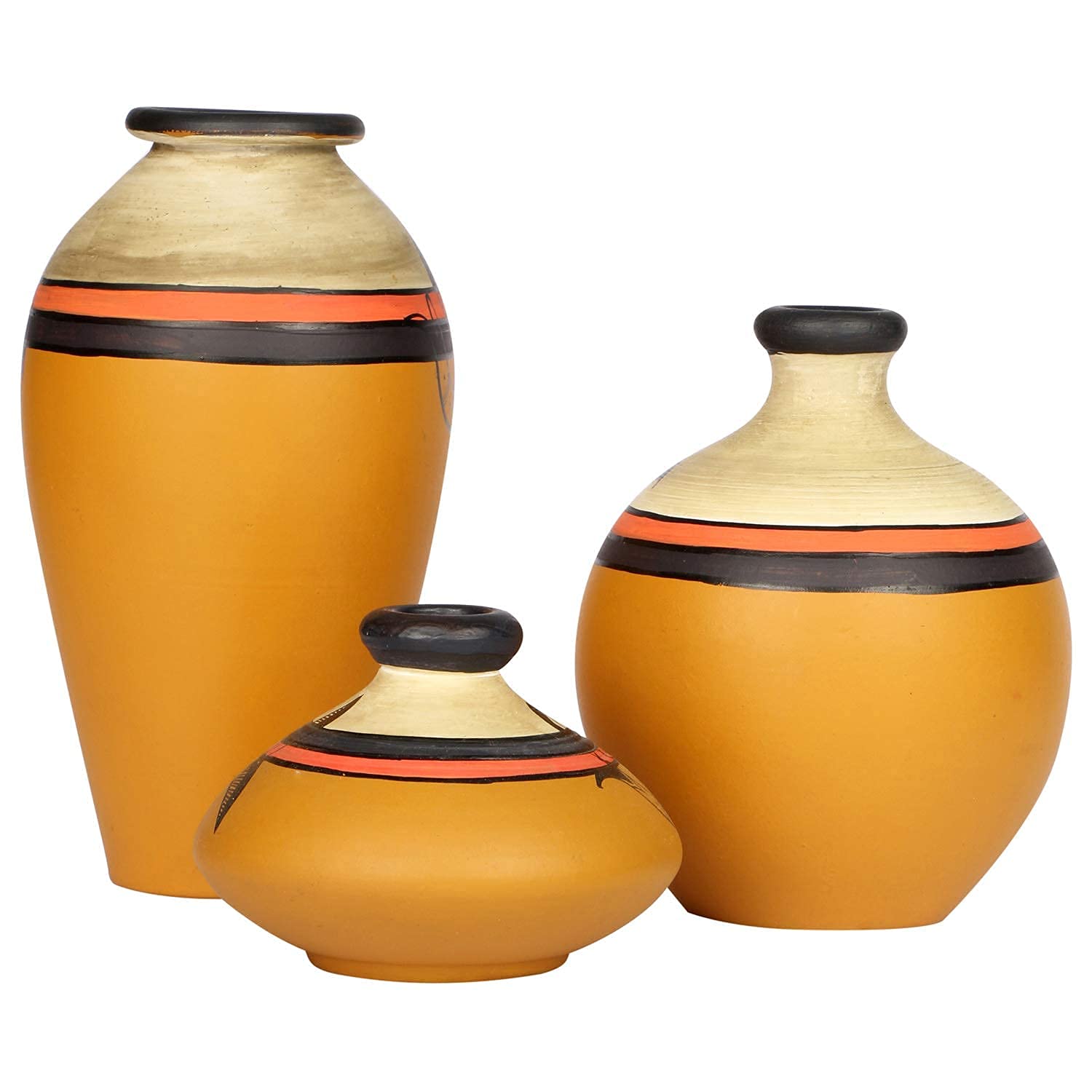 Yellow Handpainted Terracotta Flower Vase, Terracotta Decorative for Home Decor Earthen Flower Vases Pots for Home & Office (Set of 3)