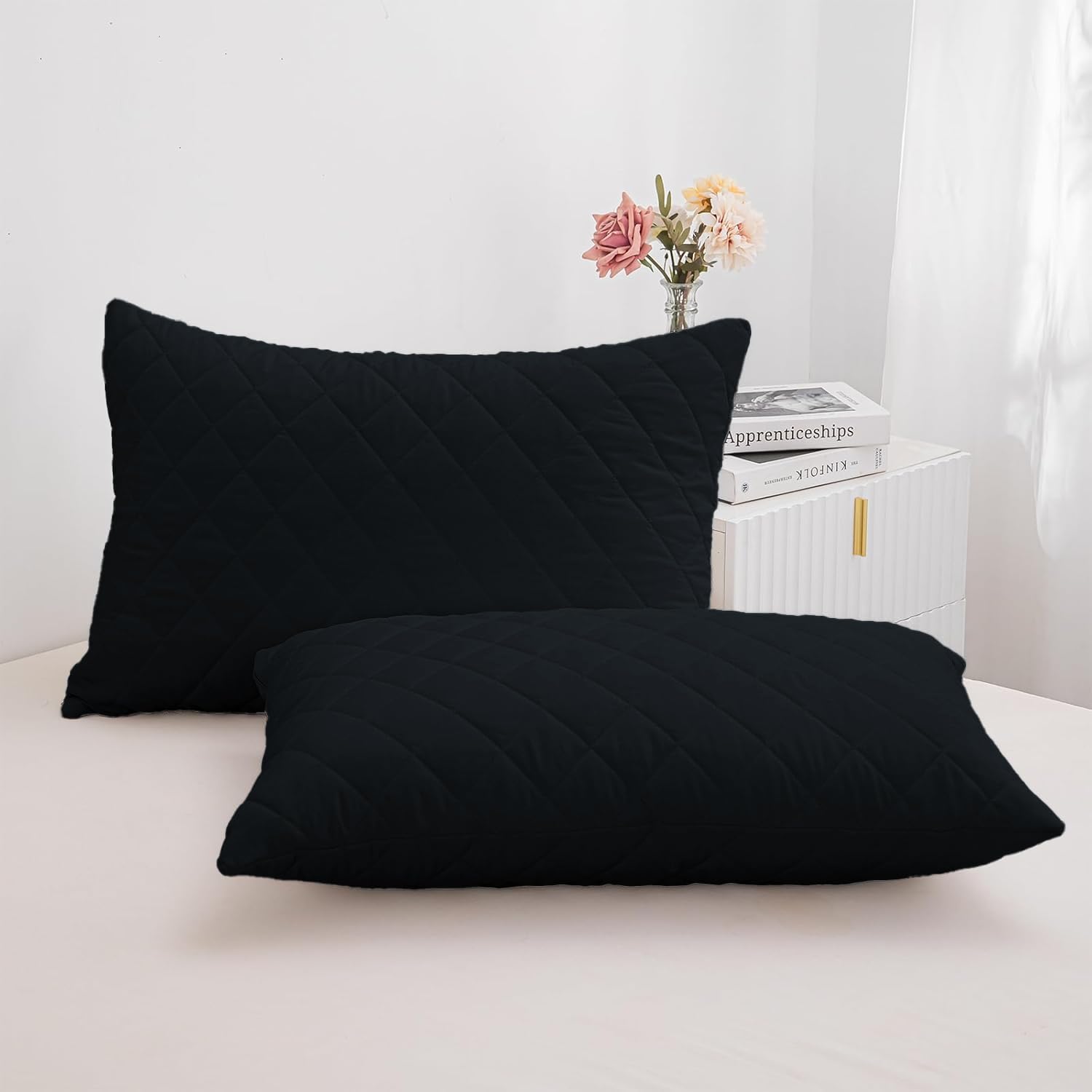 LINENWALAS 100% Bamboo Quilted Geometric Pillow Cover - Set of 2|Ultra-Soft,Cooling&Breathable|Skin&Hair Friendly|Hidden Zipper Closure|Sweat-Absorbent&Hypoallergenic (18x28 Inches,Black)