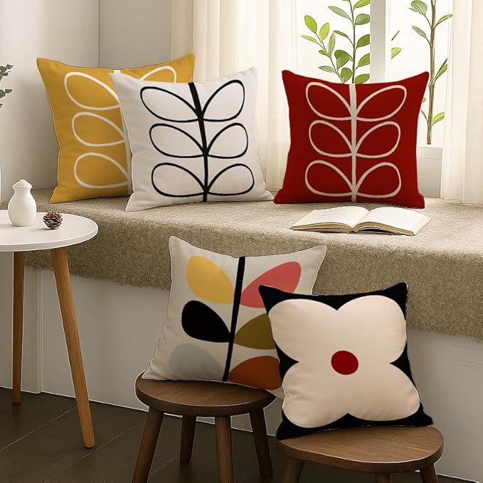 STITCHNEST Set of 7 Polycotton Cushion Covers – 16x16 Inches – Modern Retro Floral & Leaf Print in Mustard, Black & Red – Bold Decorative Cushion Covers for Sofa & Living Room Decor