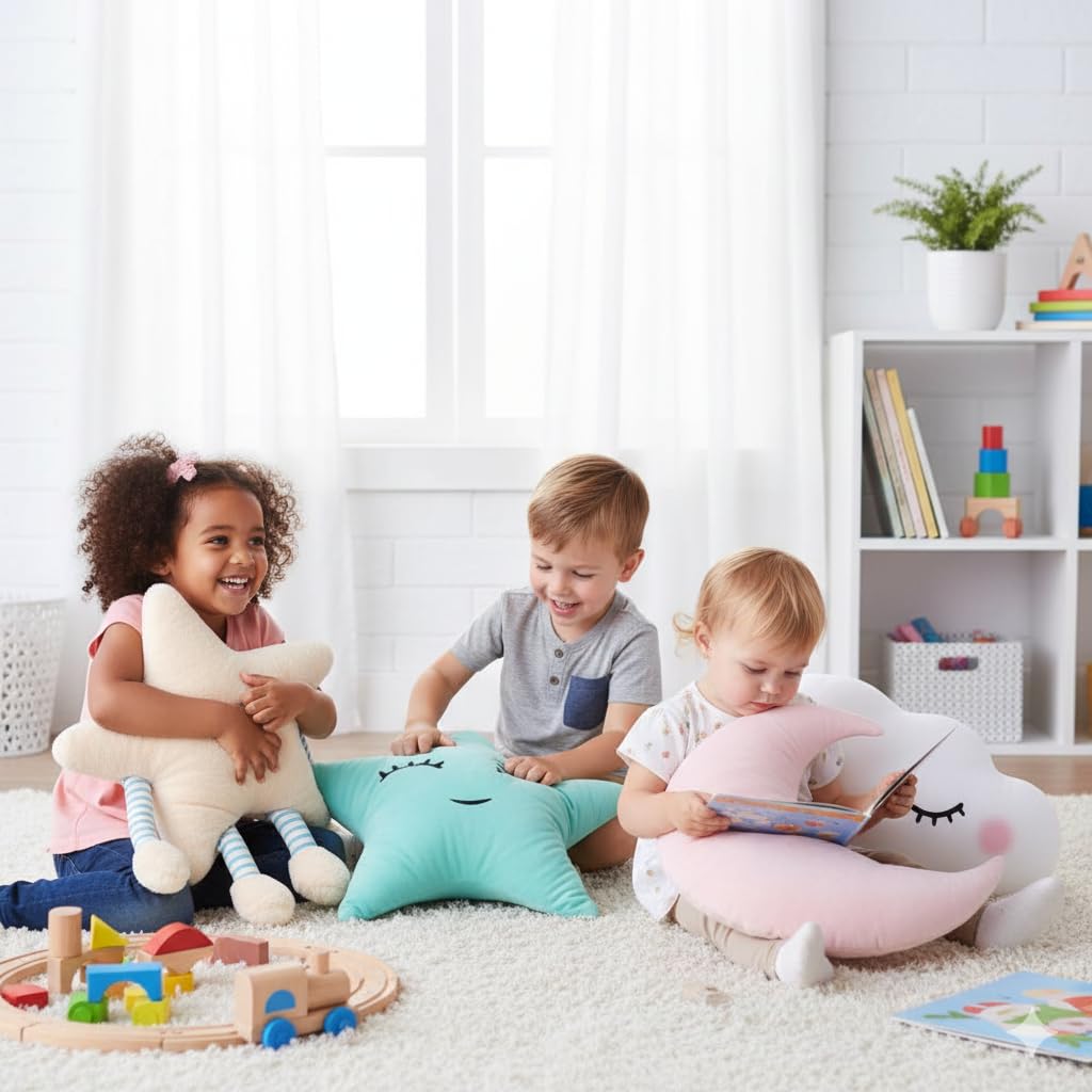 4 Pcs Star Moon Cloud Cushions | Cushion Combos for Home Decore | Kid Room Decore Cushions | Cute Shape Pillow Set | Fur and Velvet Stuff Pillow Set (Pack of 1)