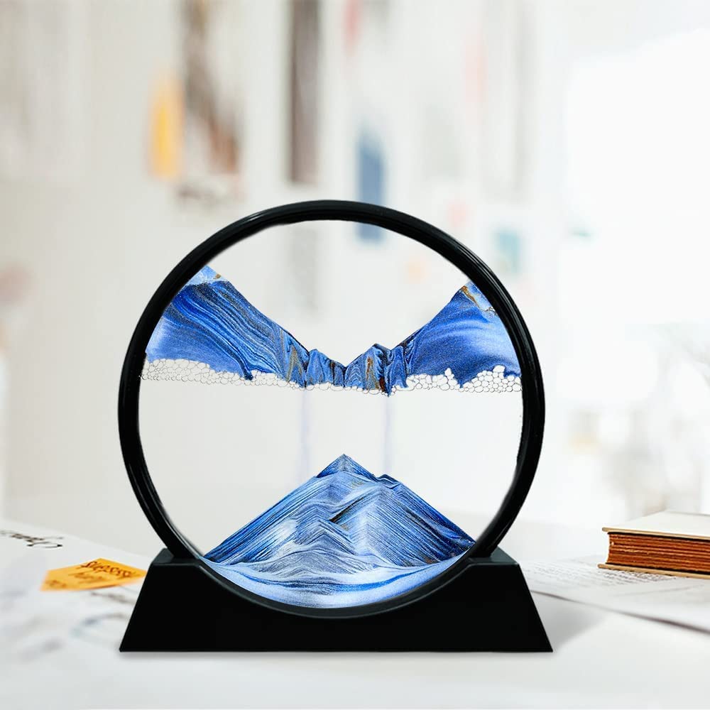 Click to see full view FEBLICH 3D Moving Sand Art Picture Glass Liquid Painting Natural Landscape Showpieces for Home Decor, Antique Gifts for Kids, Office Desktop Decoration, Desk Table Decorative Items (Blue)