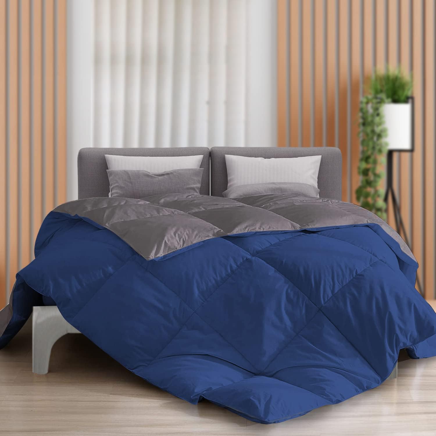 The Sleep Company Reversible Comforter | Dark Blue & Grey | Single Size | 300 TC Cotton | 200 GSM Virgin Microfiber Filling | AC Comforter | All Season Quilted Comforter