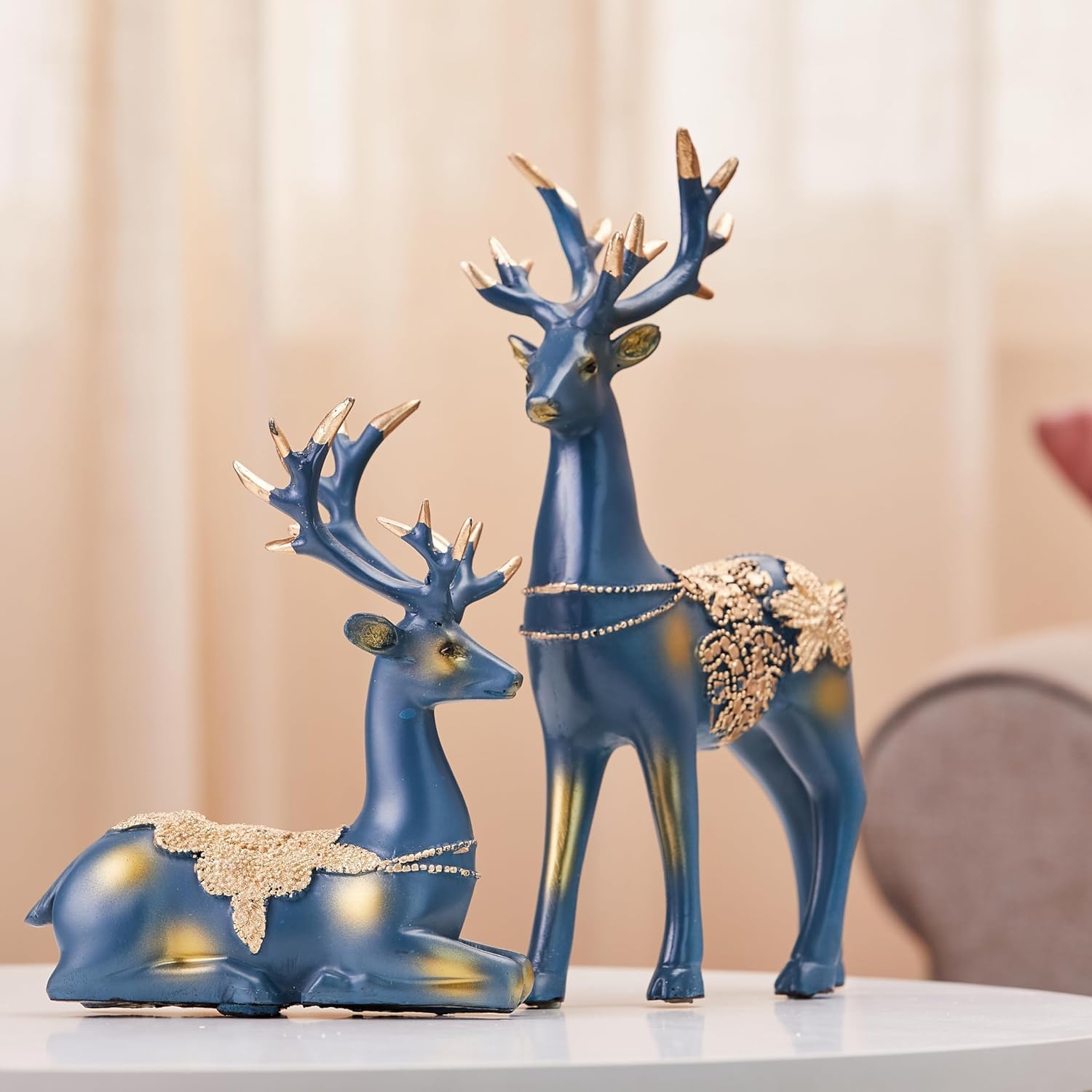 Creative Resin Golden Reindeer Sculptures | Beautiful Home Decor Handicraft Resin | Elevates Energy of Your Room (Pack of 2, Blue)