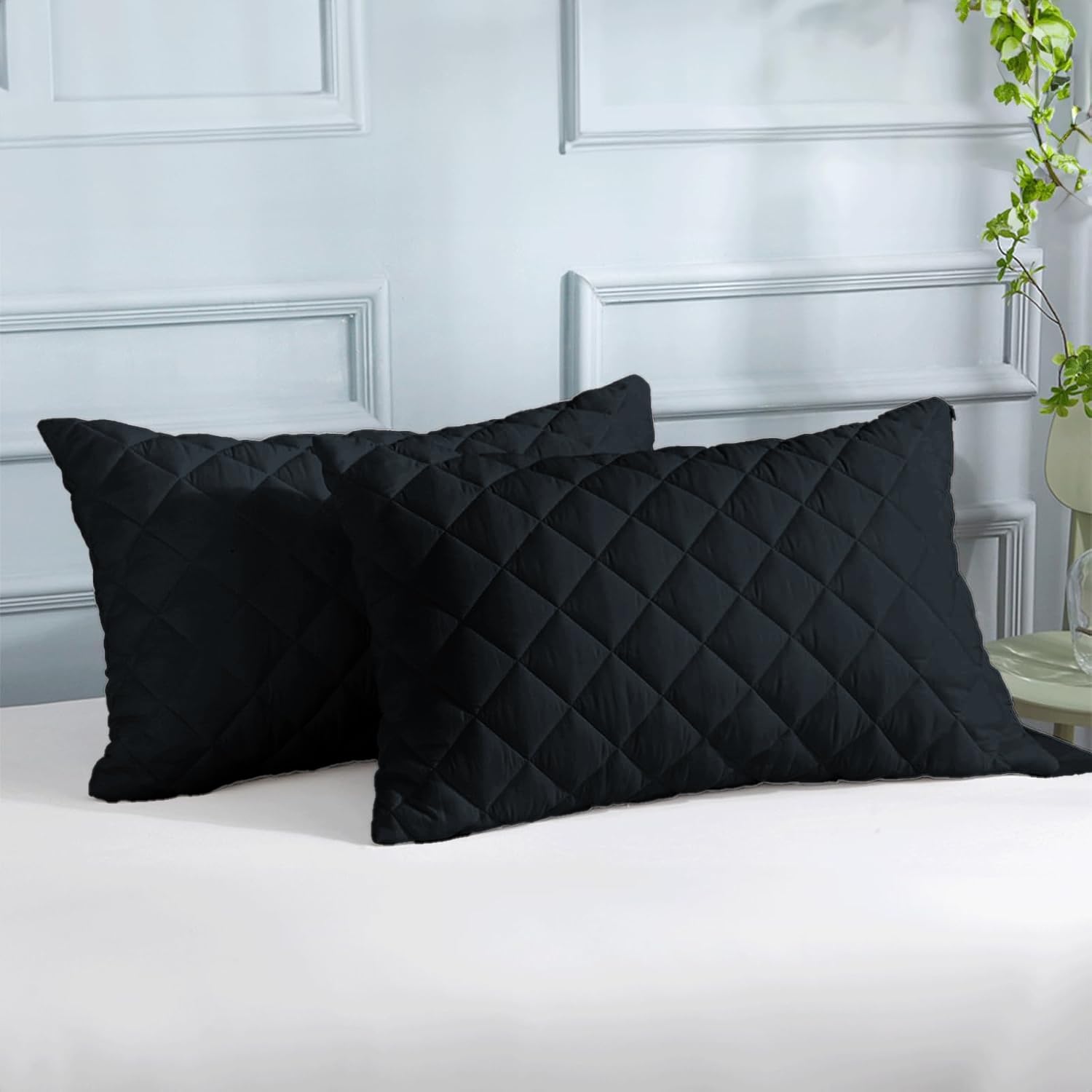 LINENWALAS 100% Bamboo Quilted Geometric Pillow Cover - Set of 2|Ultra-Soft,Cooling&Breathable|Skin&Hair Friendly|Hidden Zipper Closure|Sweat-Absorbent&Hypoallergenic (18x28 Inches,Black)