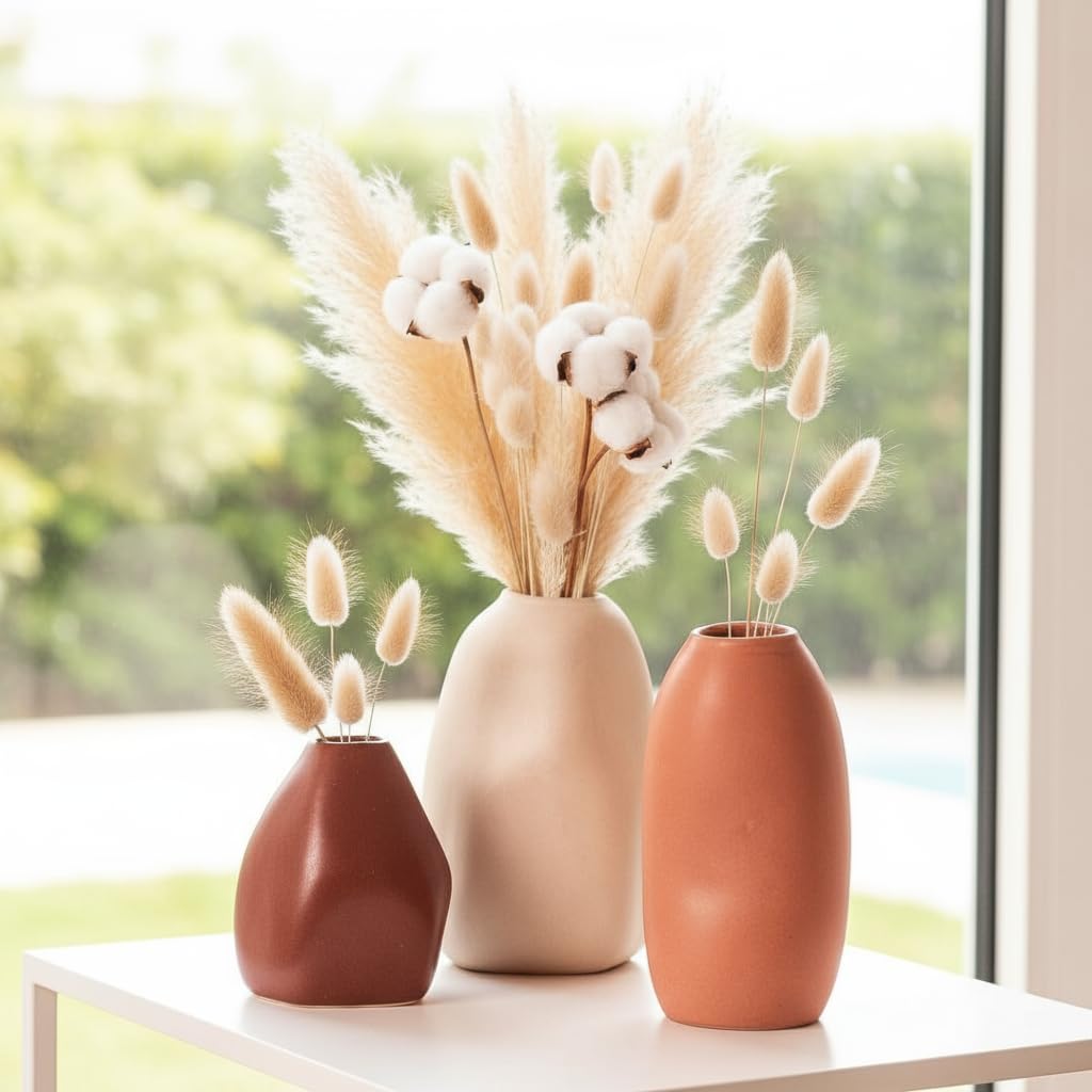 Rustic Ceramic Bud Vase - Set of 3 | Centerpiece & Showpiece for Home Decor, Living Room, Bookshelf & Tabletop Styling | Decorative Vase for Pampas Grass, Dried & Artificial Flowers