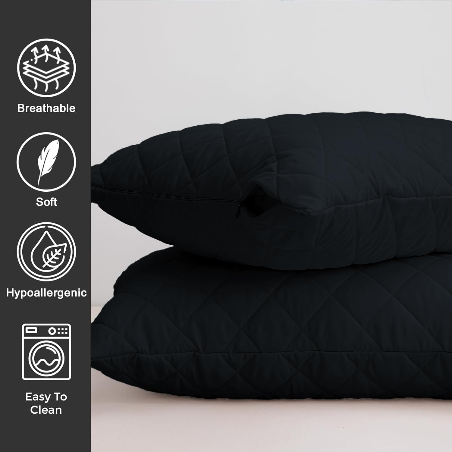 LINENWALAS 100% Bamboo Quilted Geometric Pillow Cover - Set of 2|Ultra-Soft,Cooling&Breathable|Skin&Hair Friendly|Hidden Zipper Closure|Sweat-Absorbent&Hypoallergenic (18x28 Inches,Black)