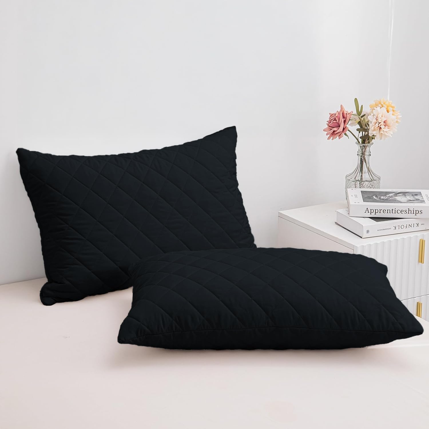 LINENWALAS 100% Bamboo Quilted Geometric Pillow Cover - Set of 2|Ultra-Soft,Cooling&Breathable|Skin&Hair Friendly|Hidden Zipper Closure|Sweat-Absorbent&Hypoallergenic (18x28 Inches,Black)