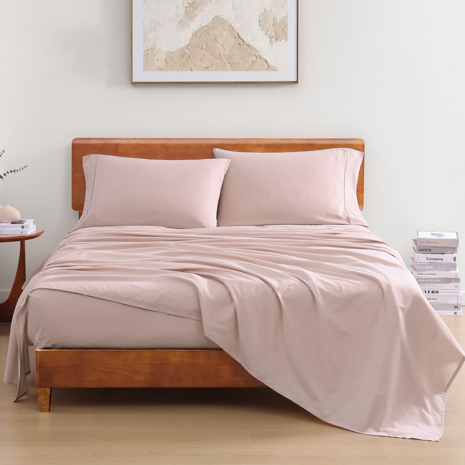 LANE LINEN 100% Organic Cotton Bedsheet Set for Double Bed, Oeko-TEX Certified, Soft, Breathable & Comfortable Fabric, Machine Washable, Includes 1 Flat Sheet & 2 Pillow Covers - Sepia Rose