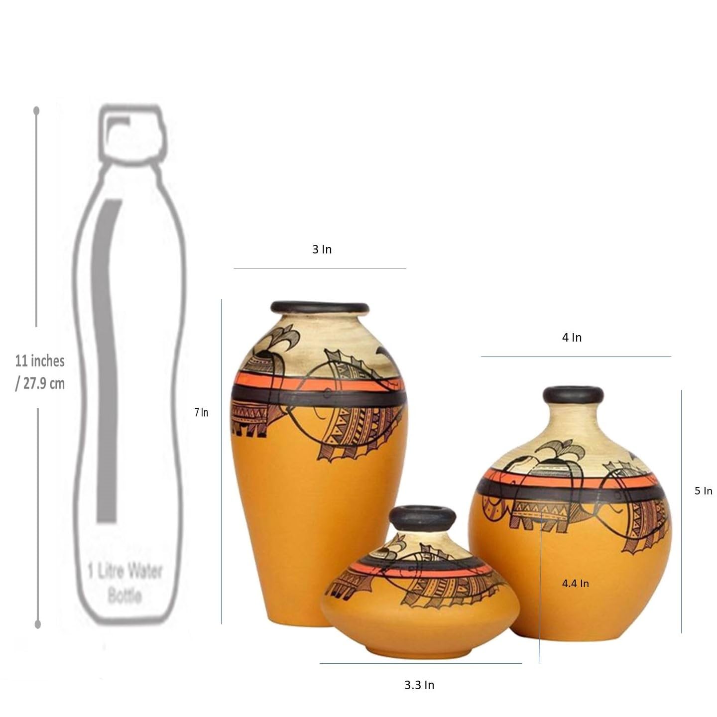 Yellow Handpainted Terracotta Flower Vase, Terracotta Decorative for Home Decor Earthen Flower Vases Pots for Home & Office (Set of 3)