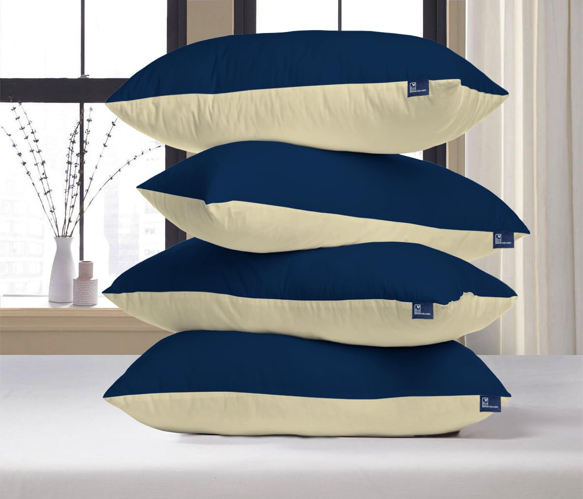WOODWHITE Reversible Hypoallergenic Microfiber Pillows Set of 4 | Height Adjustable & Long Lasting | Big Size & Shape | Soft & Cozy for Pillow 18 x 28 Inch - Blue & Cream.