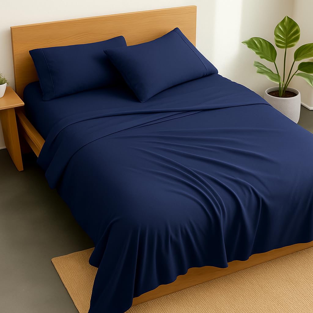 Cotton Double Bedsheet with 2 Pillow Covers  100% Pure Cotton  Soft & Breathable  90x100 inch - Navy Blue