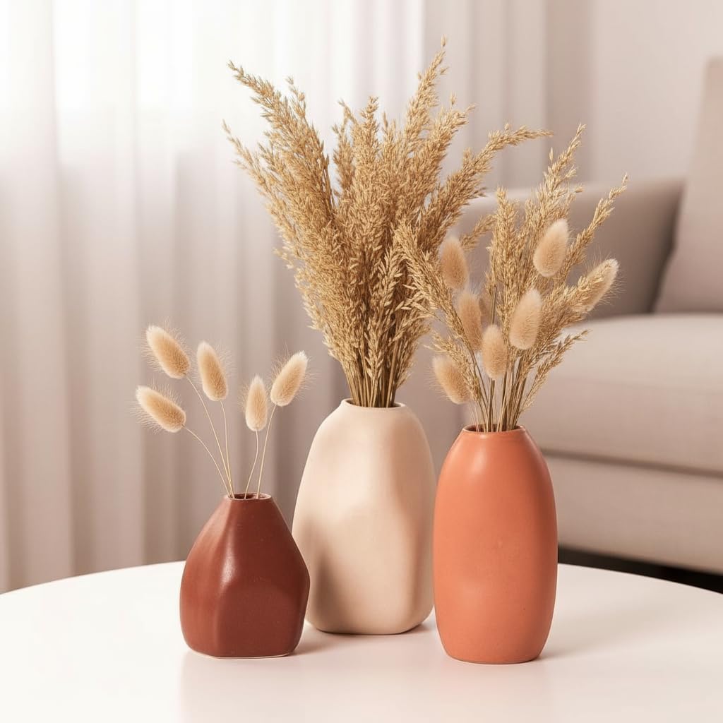 Rustic Ceramic Bud Vase - Set of 3 | Centerpiece & Showpiece for Home Decor, Living Room, Bookshelf & Tabletop Styling | Decorative Vase for Pampas Grass, Dried & Artificial Flowers