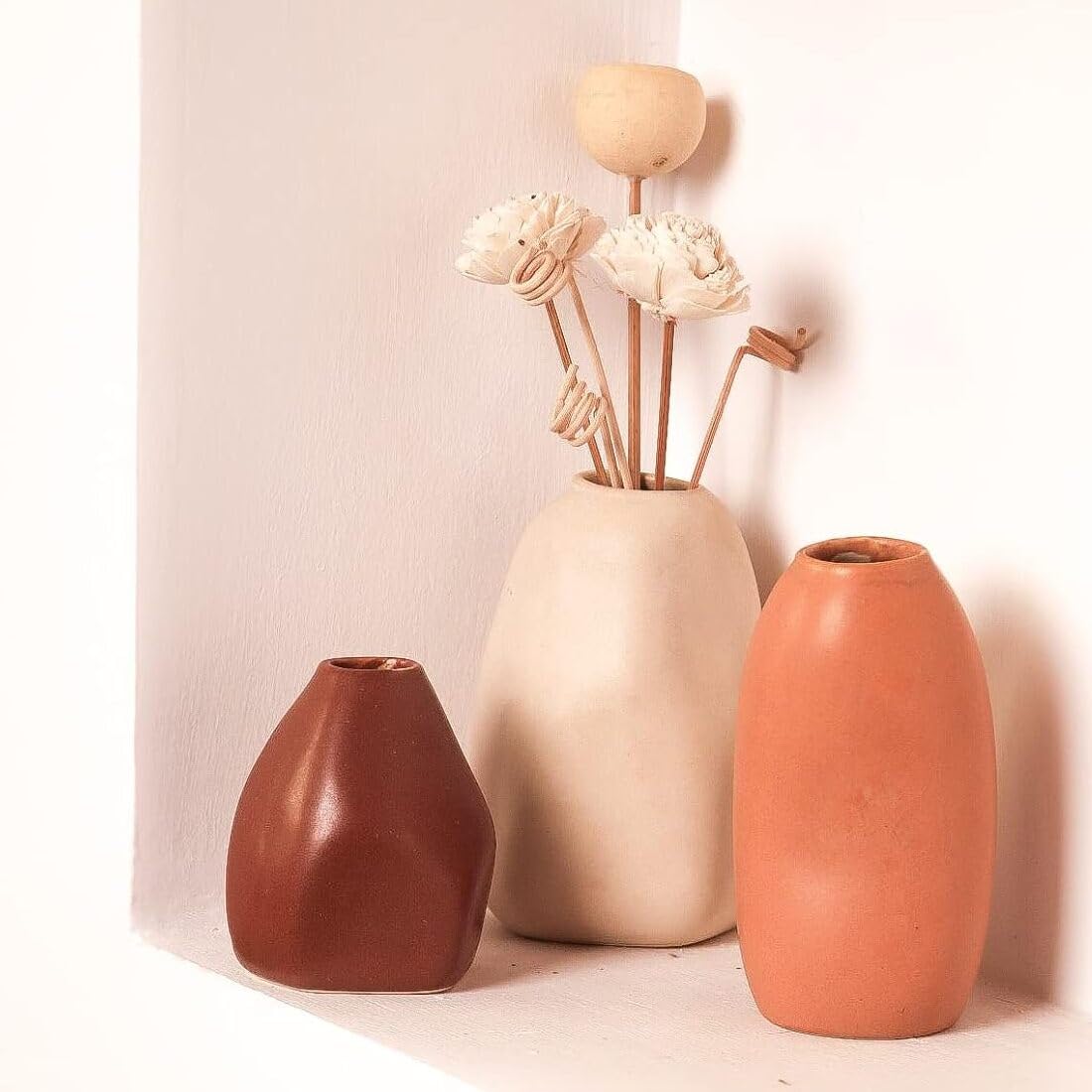 Rustic Ceramic Bud Vase - Set of 3 | Centerpiece & Showpiece for Home Decor, Living Room, Bookshelf & Tabletop Styling | Decorative Vase for Pampas Grass, Dried & Artificial Flowers