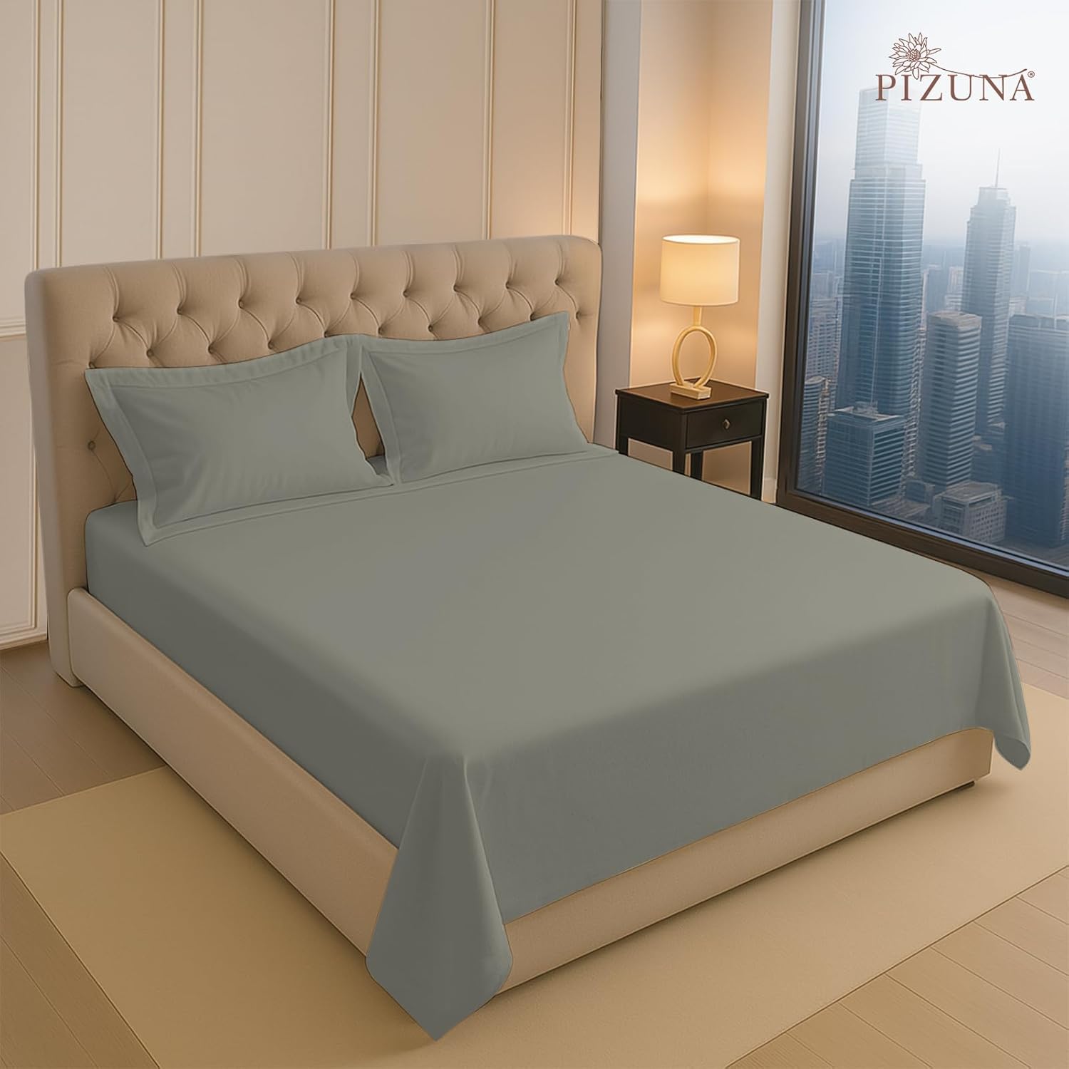 Pizuna 100% Cotton King Size Bedsheet 6 Feet, 400 Thread Count Long Staple Cotton Bedsheets for King Size Bed 100x108 Inch with 2 Pillow Covers, Dusty Blue Bedsheet for King Size Bed (Cotton Bedsheet)