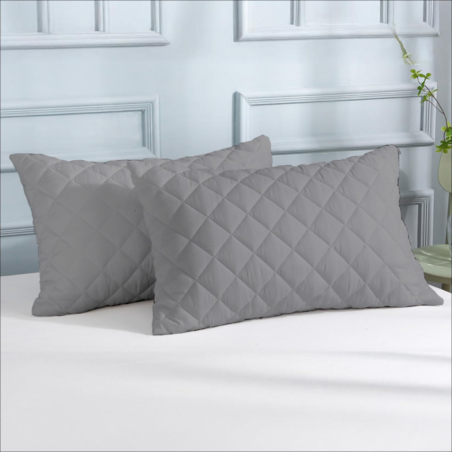 Ayka Waterproof Quilted Pillow Protector 220 GSM Soft Cotton Quilted Pillow Cover Protector Zippered Closure, Protection Against Water Spills & Dustmites- Grey (18 x 28 inch) (Set of 2)