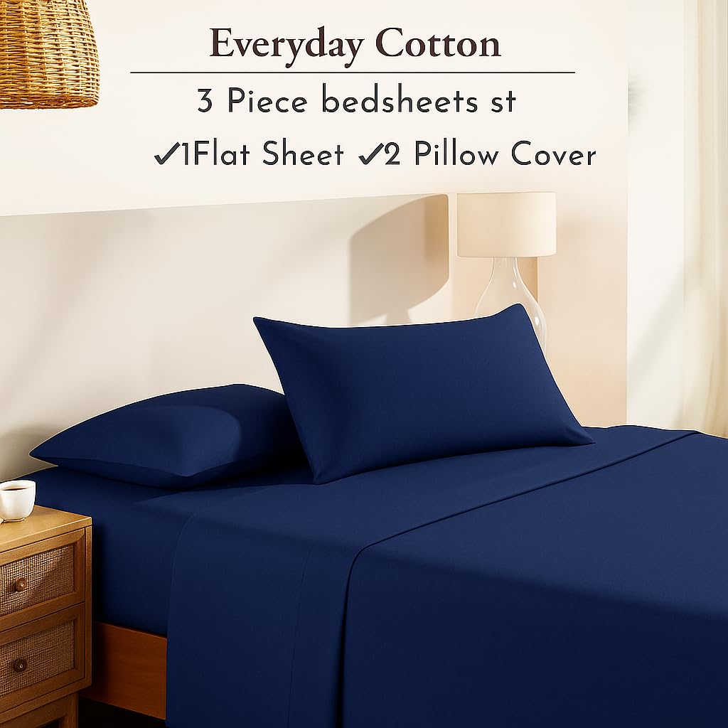 Cotton Double Bedsheet with 2 Pillow Covers  100% Pure Cotton  Soft & Breathable  90x100 inch - Navy Blue