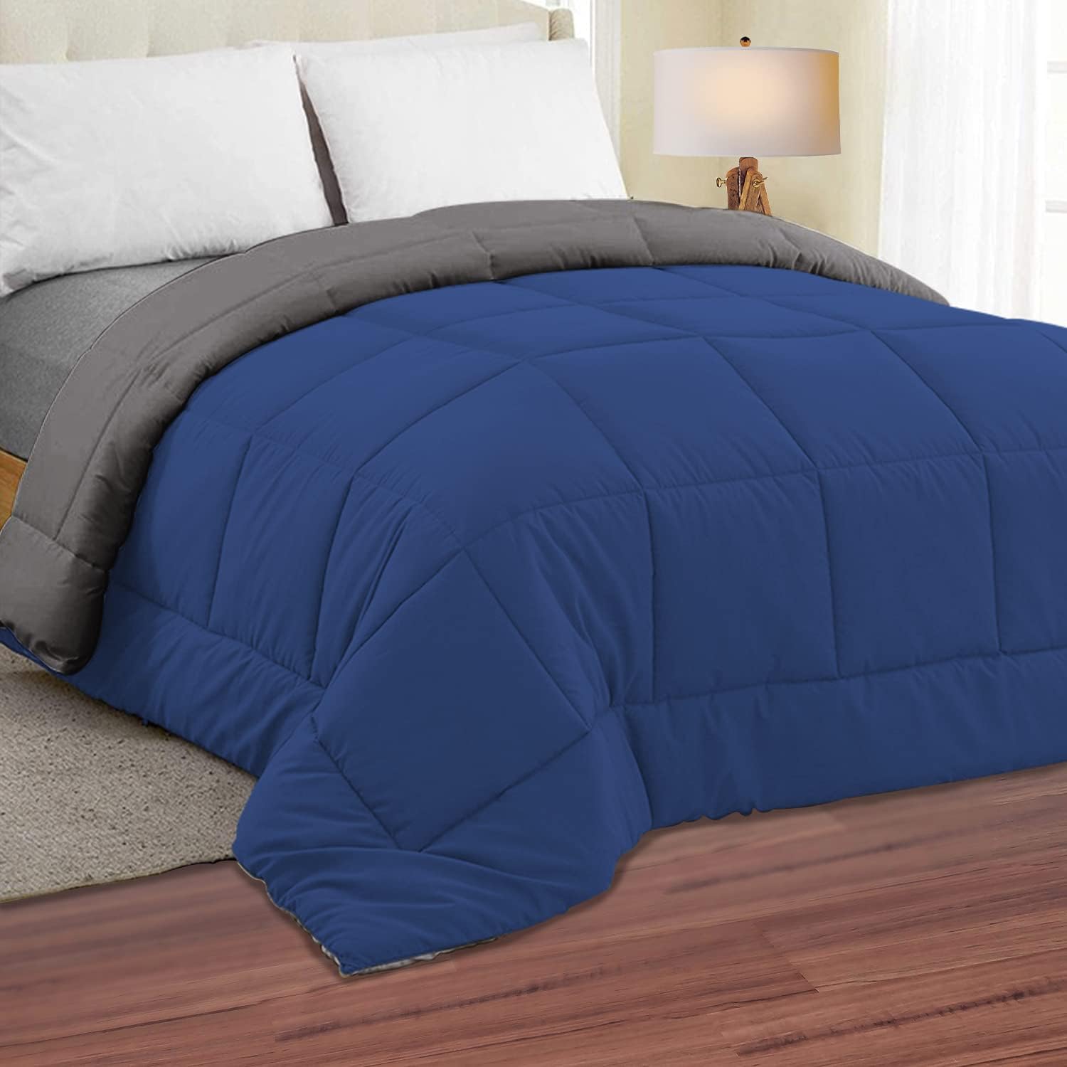 The Sleep Company Reversible Comforter | Dark Blue & Grey | Single Size | 300 TC Cotton | 200 GSM Virgin Microfiber Filling | AC Comforter | All Season Quilted Comforter