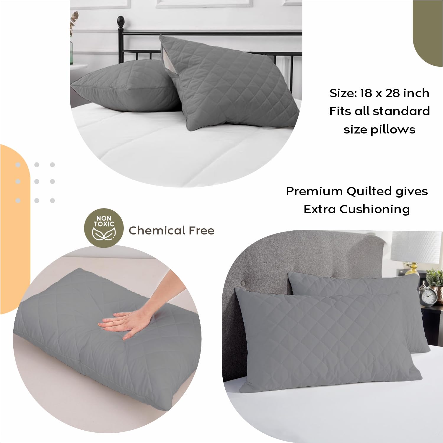 Ayka Waterproof Quilted Pillow Protector 220 GSM Soft Cotton Quilted Pillow Cover Protector Zippered Closure, Protection Against Water Spills & Dustmites- Grey (18 x 28 inch) (Set of 2)