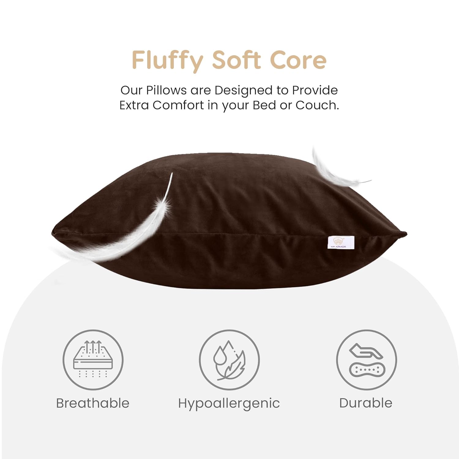 MY ARMOR Microfibre Cushion for Sofa | Set of 5 Soft & Fluffy Square Sofa Cushions | Decorative Sofa Pillows for Bed, Chair, Car & Living Room | Velvet Cover | Brown | 18 x 18 Inch
