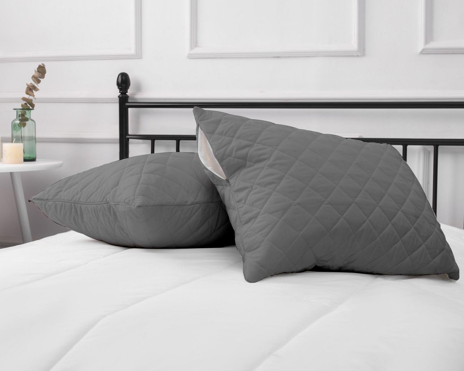 Ayka Waterproof Quilted Pillow Protector 220 GSM Soft Cotton Quilted Pillow Cover Protector Zippered Closure, Protection Against Water Spills & Dustmites- Grey (18 x 28 inch) (Set of 2)