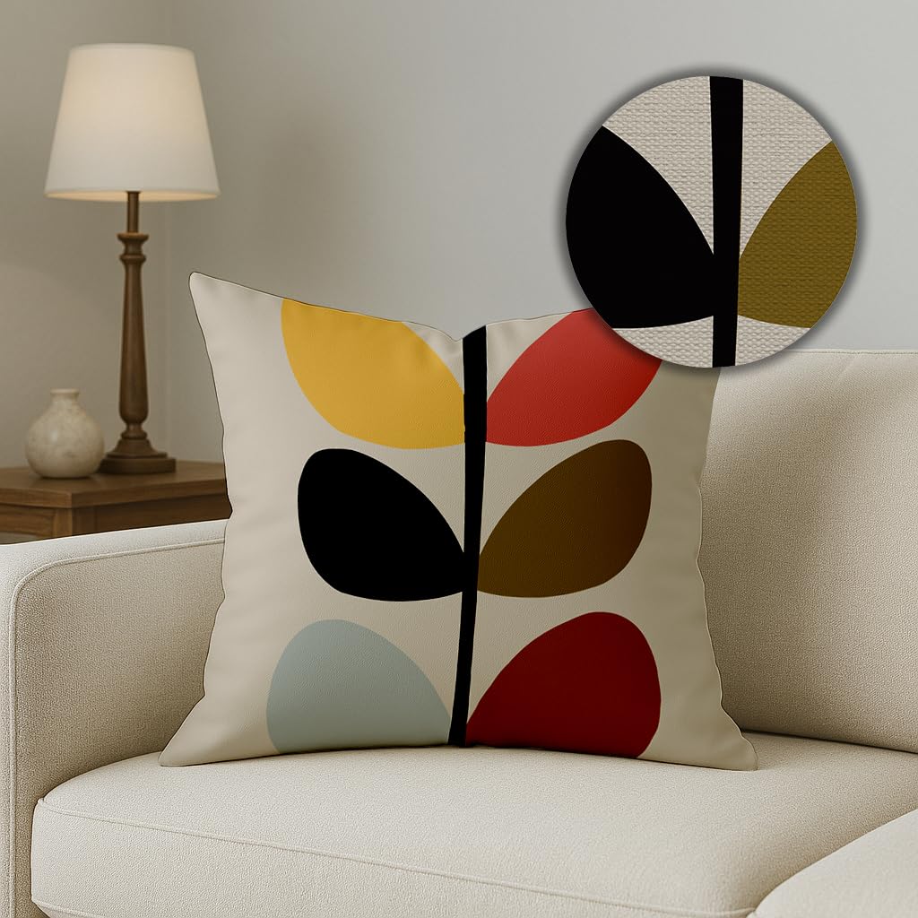 STITCHNEST Set of 7 Polycotton Cushion Covers – 16x16 Inches – Modern Retro Floral & Leaf Print in Mustard, Black & Red – Bold Decorative Cushion Covers for Sofa & Living Room Decor