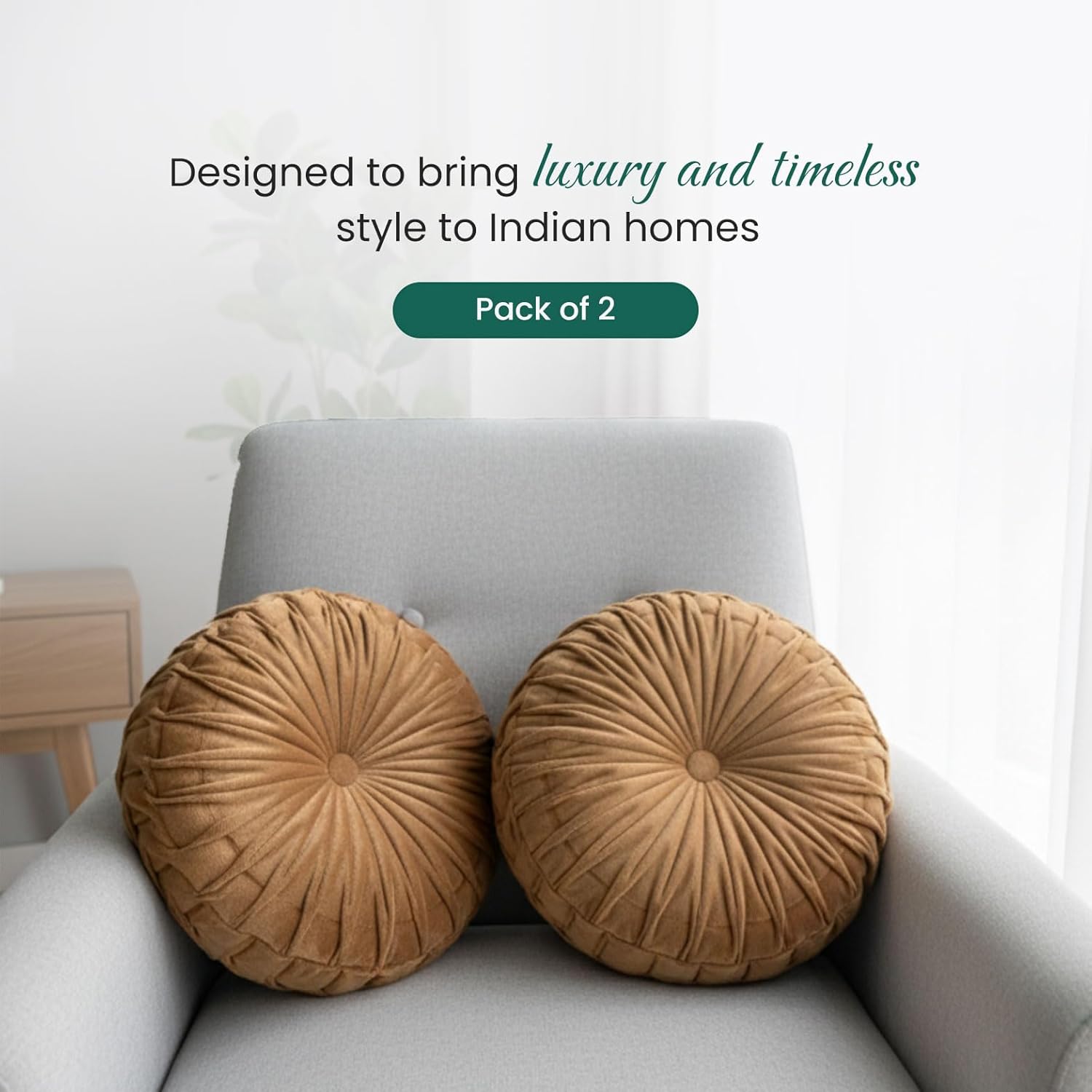 Luxurious Tan Round Cushions | 12x12 Inch Round Velvet Cushions for Sofa, Bed, Car & Living Room | Elegant Throw Pillow for Cozy Home Décor Pack of 2