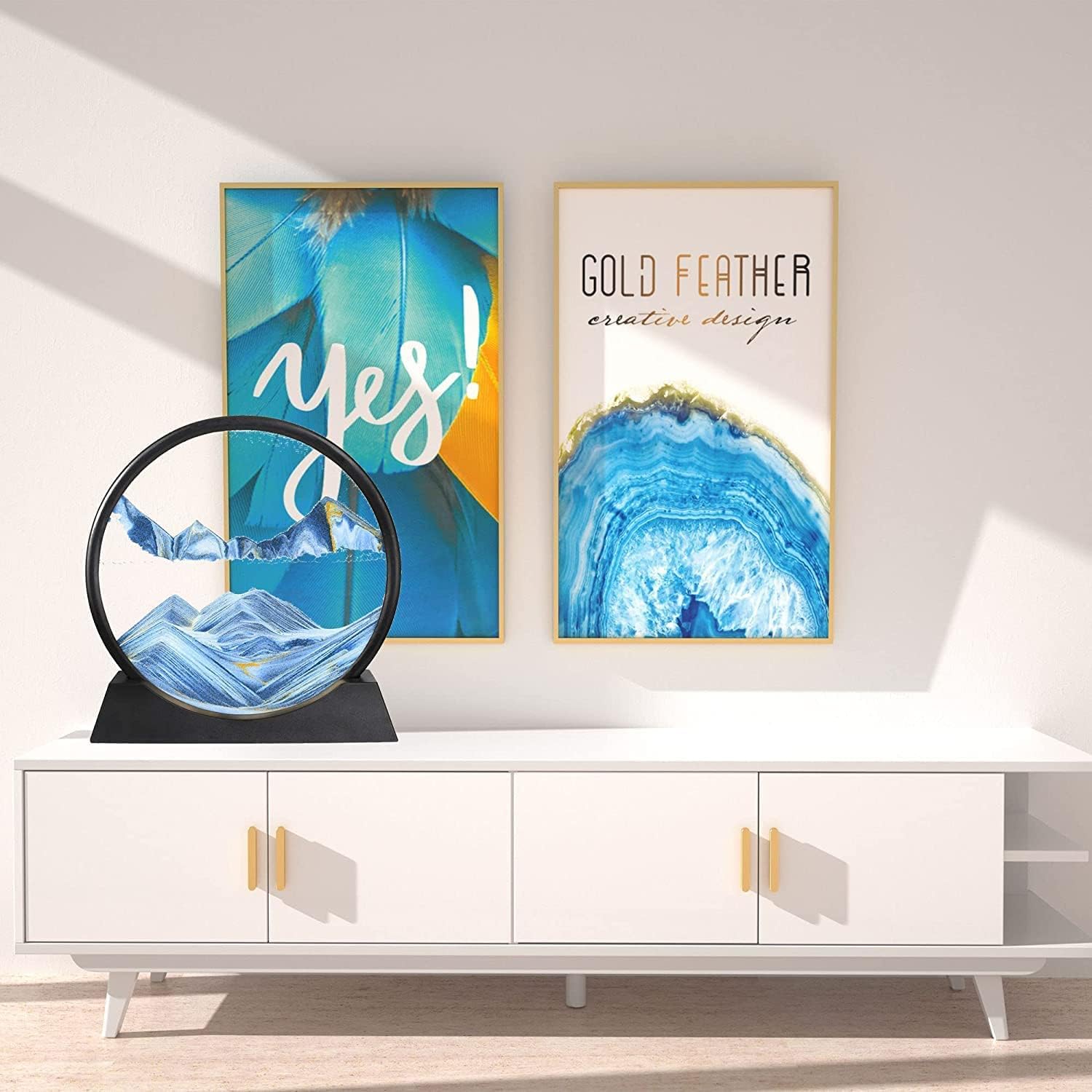 Click to see full view FEBLICH 3D Moving Sand Art Picture Glass Liquid Painting Natural Landscape Showpieces for Home Decor, Antique Gifts for Kids, Office Desktop Decoration, Desk Table Decorative Items (Blue)