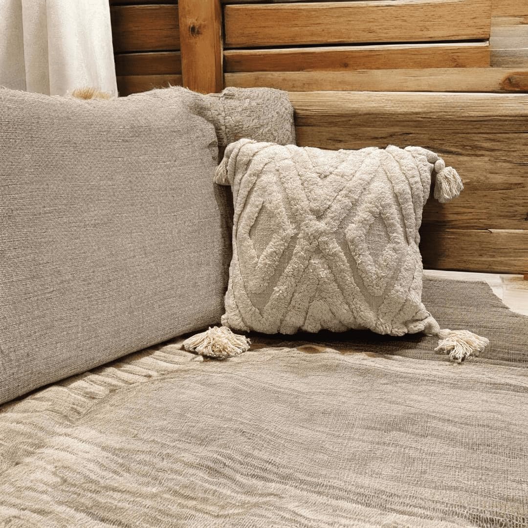 Modern Chevron Tufted Cushion Cover, 18x18 Inches - White Cotton Slub with Tassels, Decorative Throw Pillow Case for Living Room, Bedroom, Sofa, Couch, (Set of 1)