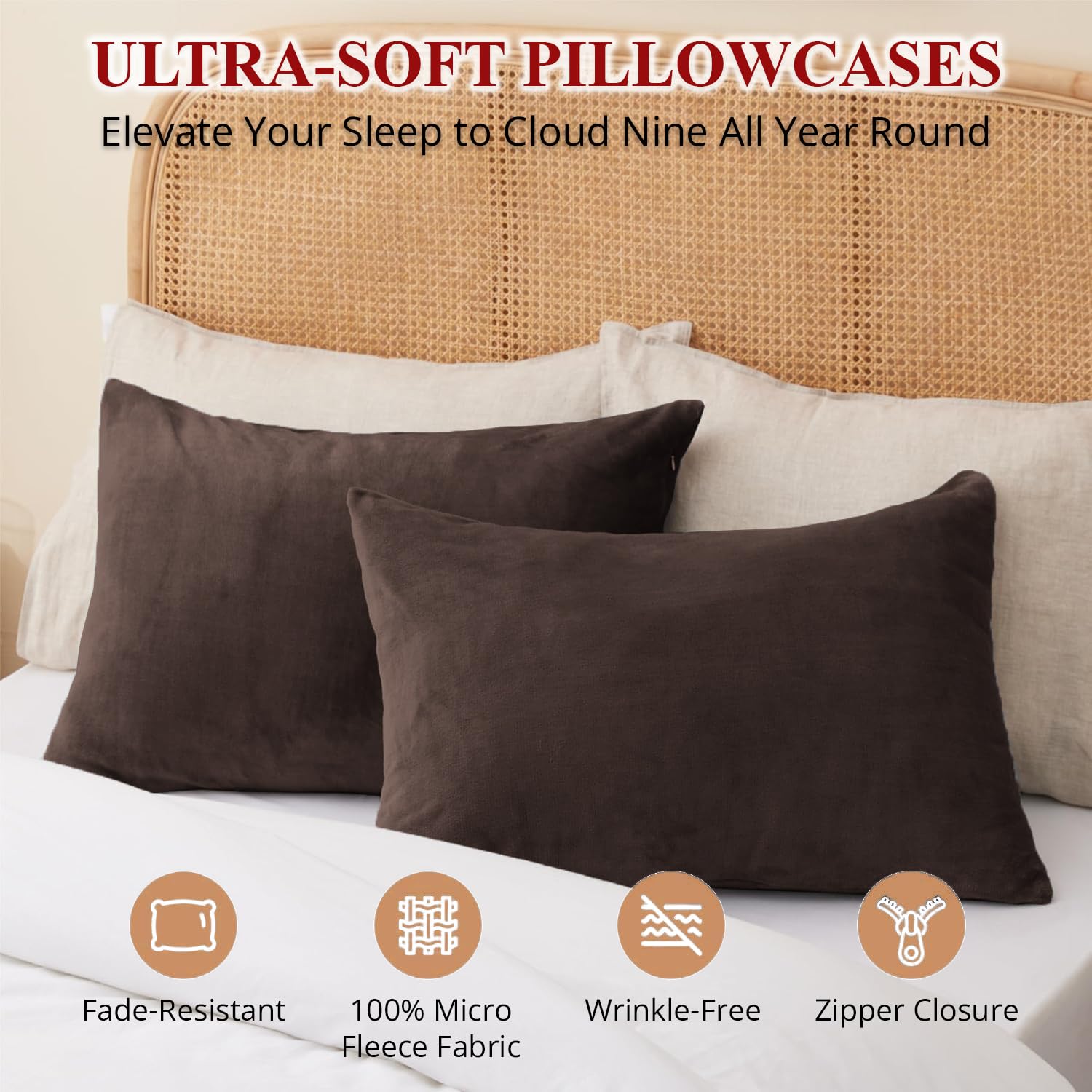 Cloth Fusion Flannel Warm Woolen Pillow Cover Set of 2 for Winter with Zipper Closure, Cozy Pillow Case Perfect for Warmth (18"X27" Inches, Brown)