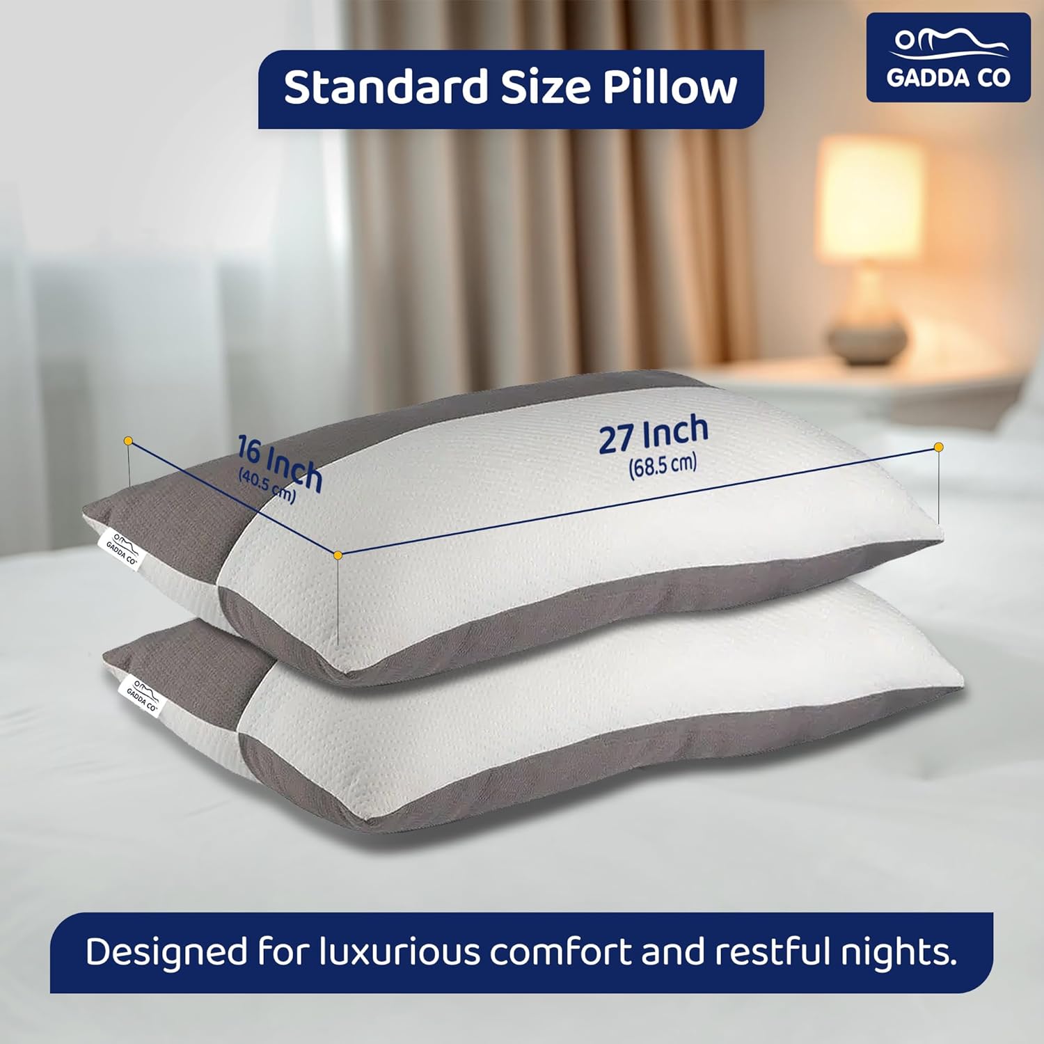 GADDA CO Hollow Sleeping Fiber Pillow with Zip | Set of 2| Height Adjustable Sleeping Bed Pillow, Soft and Fluffy | White and Grey, Standard Size with 3 Months Warranty