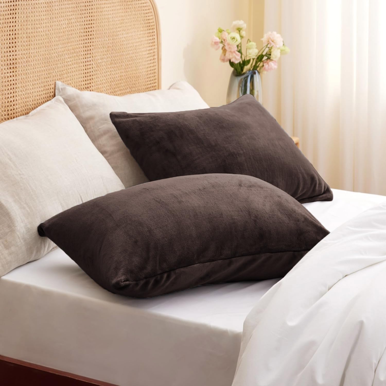 Cloth Fusion Flannel Warm Woolen Pillow Cover Set of 2 for Winter with Zipper Closure, Cozy Pillow Case Perfect for Warmth (18"X27" Inches, Brown)