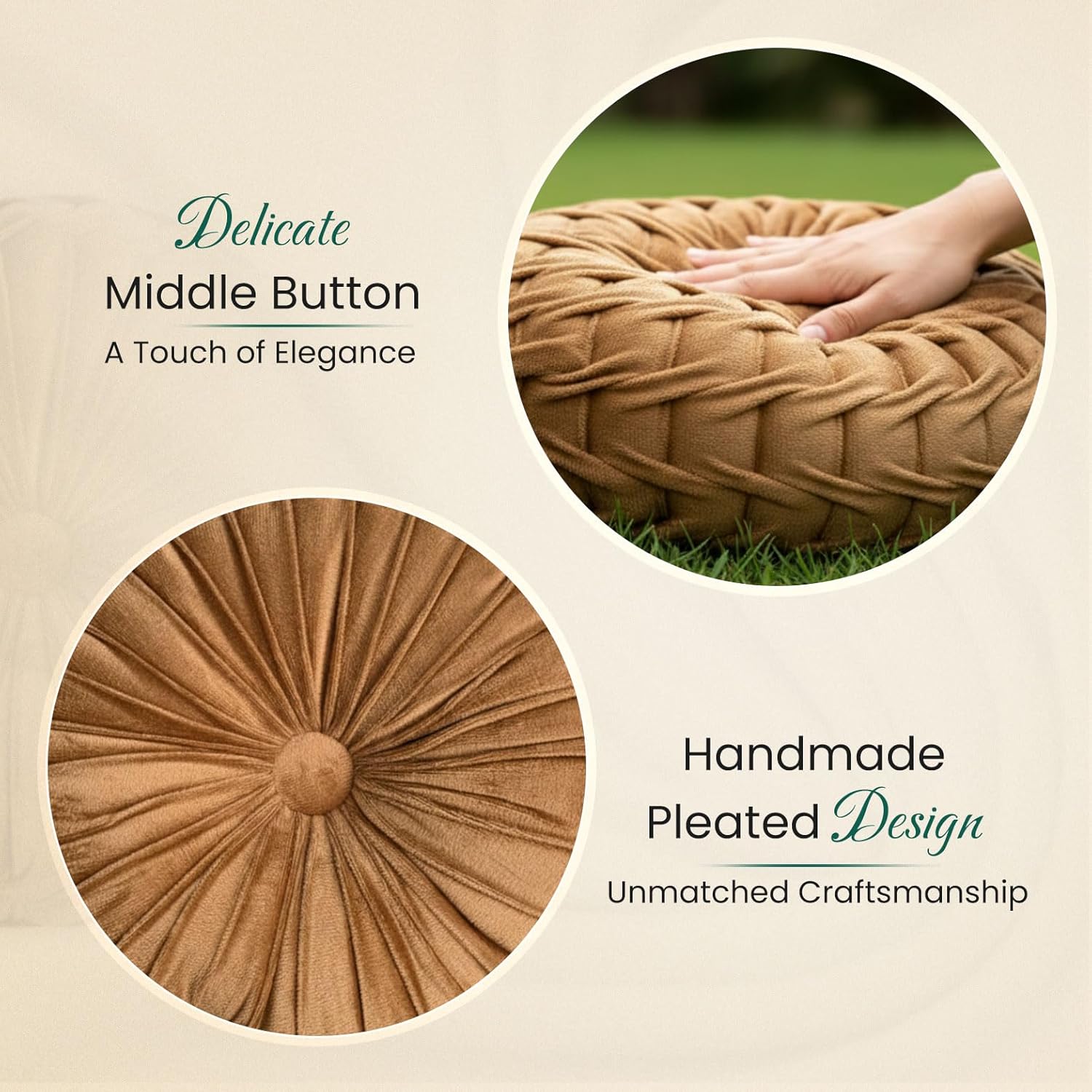 Luxurious Tan Round Cushions | 12x12 Inch Round Velvet Cushions for Sofa, Bed, Car & Living Room | Elegant Throw Pillow for Cozy Home Décor Pack of 2