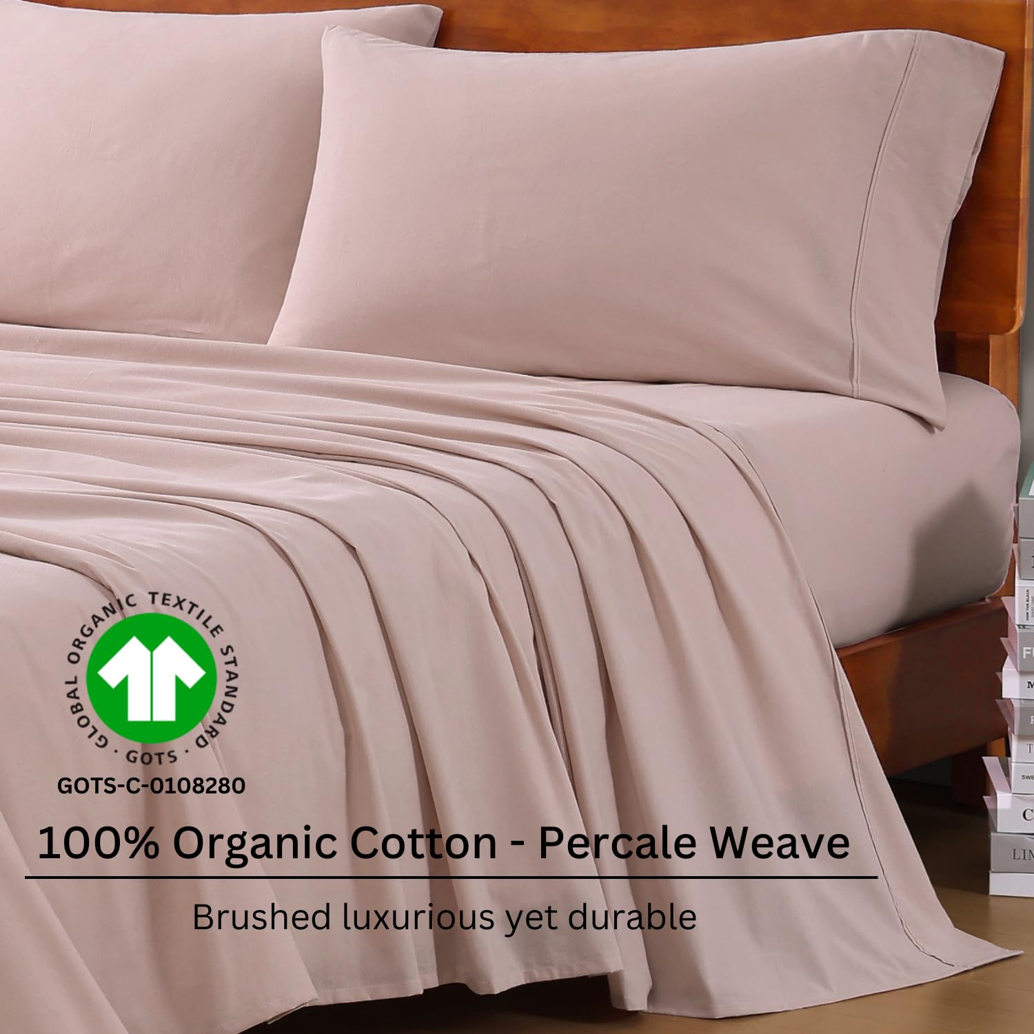 LANE LINEN 100% Organic Cotton Bedsheet Set for Double Bed, Oeko-TEX Certified, Soft, Breathable & Comfortable Fabric, Machine Washable, Includes 1 Flat Sheet & 2 Pillow Covers - Sepia Rose