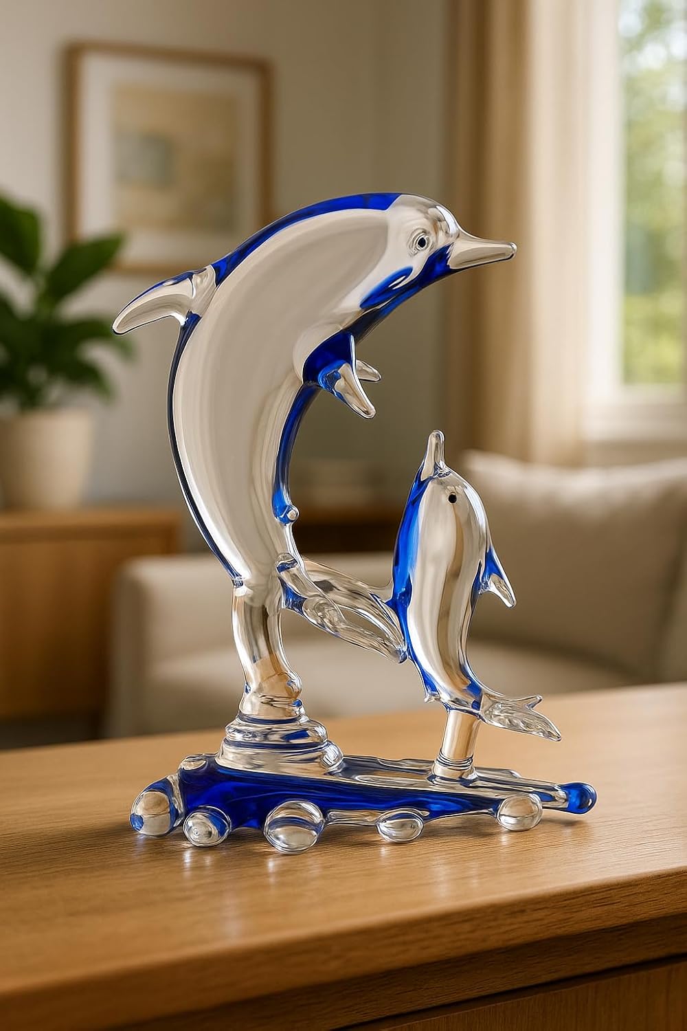 Somil Handcrafted Crystal Glass Dolphin Showpiece – Mother & Baby Dolphin Figurine, Blue & Clear,Decorative Gifting for Home, Office, Table, Ideal Gift Pack of 1