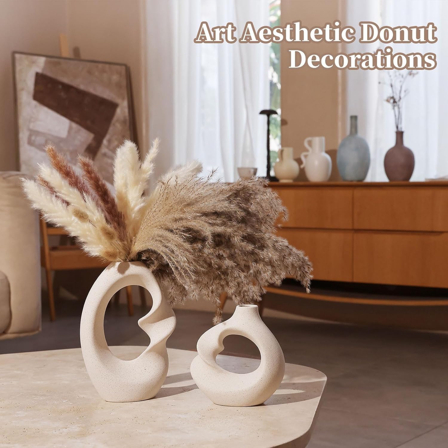 Unique White Ceramic Donut Vase 8.5 & 5.7 Inch - Set of 2 | Decorative Donut Vase for Dried Flowers & Pampas Grass | Vases for Modern Home Decor, Living Room, Office Decor Ideas