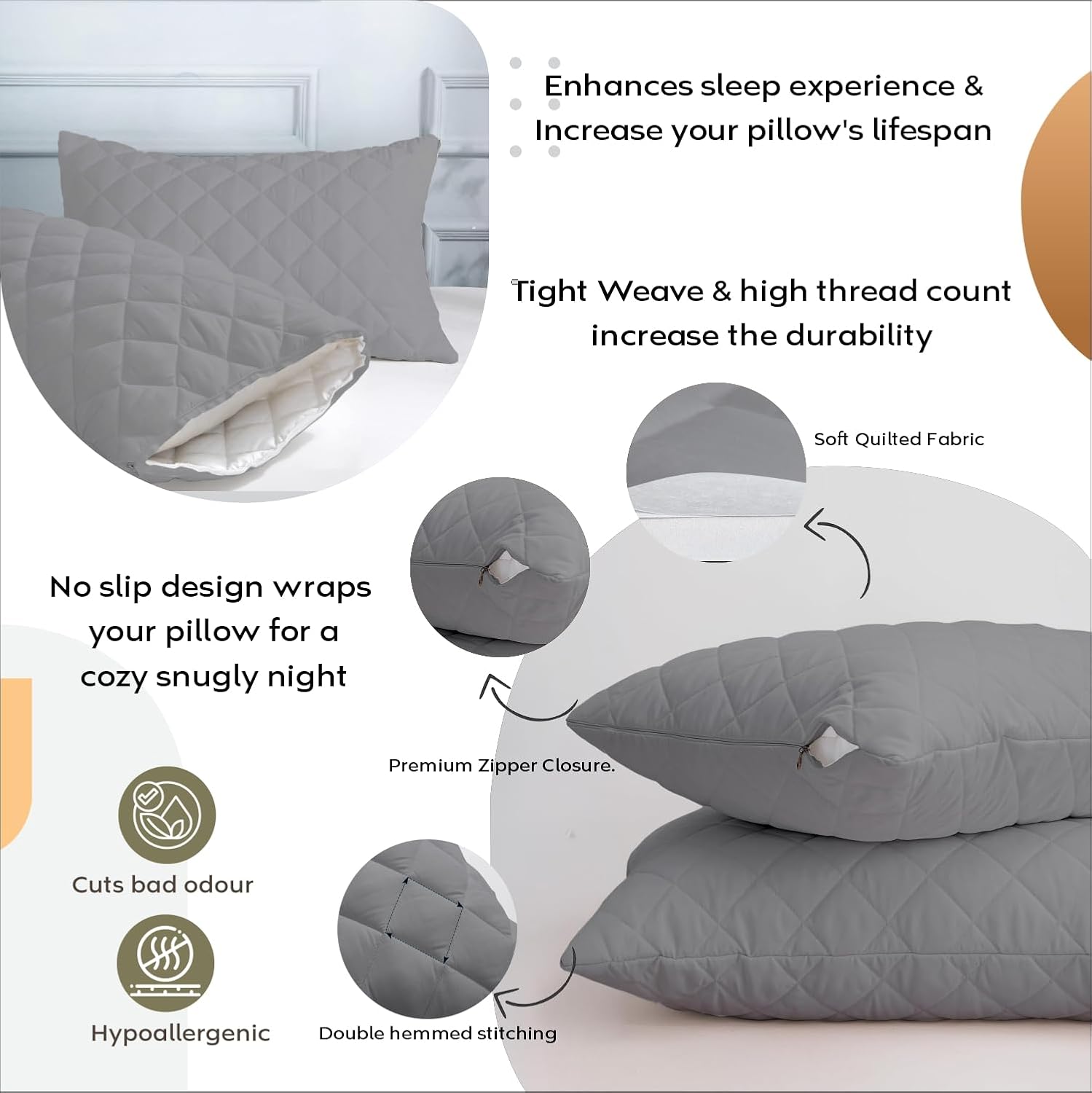 Ayka Waterproof Quilted Pillow Protector 220 GSM Soft Cotton Quilted Pillow Cover Protector Zippered Closure, Protection Against Water Spills & Dustmites- Grey (18 x 28 inch) (Set of 2)