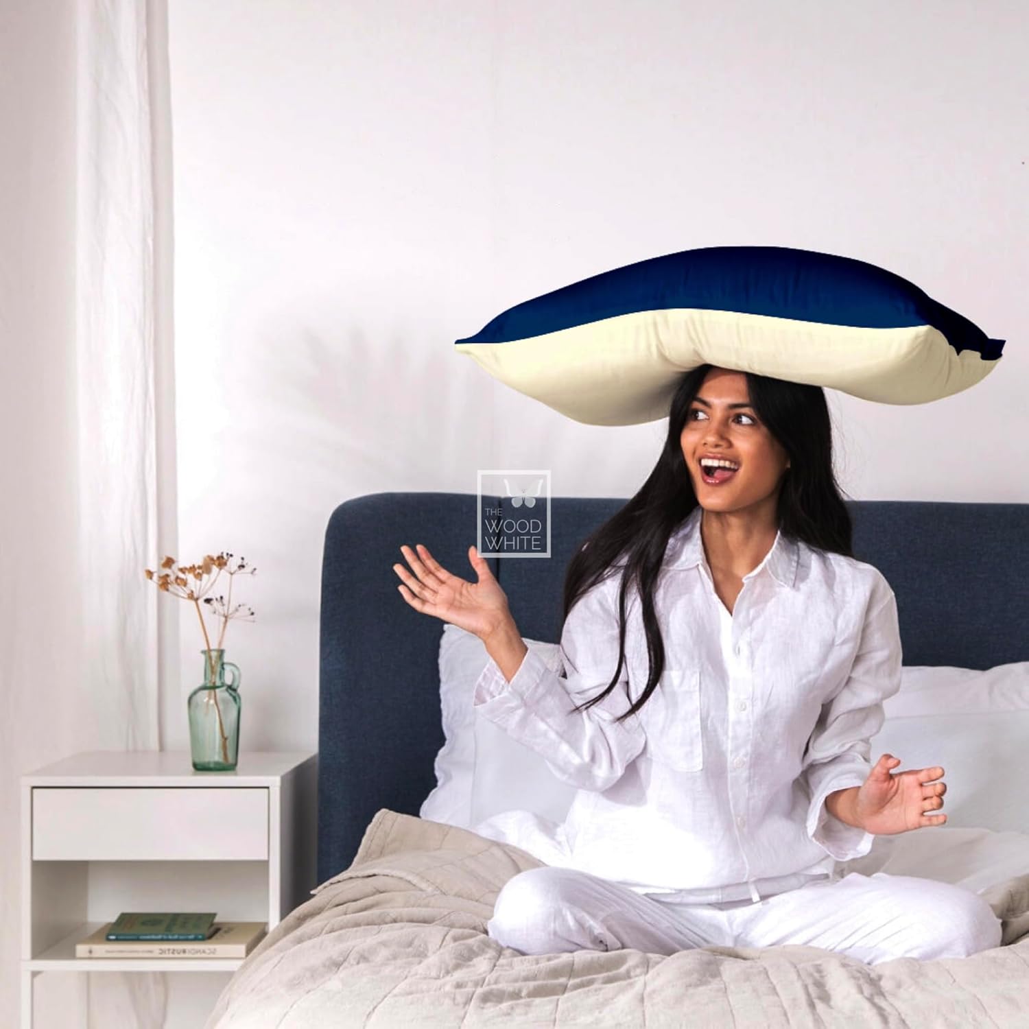 WOODWHITE Reversible Hypoallergenic Microfiber Pillows Set of 4 | Height Adjustable & Long Lasting | Big Size & Shape | Soft & Cozy for Pillow 18 x 28 Inch - Blue & Cream.