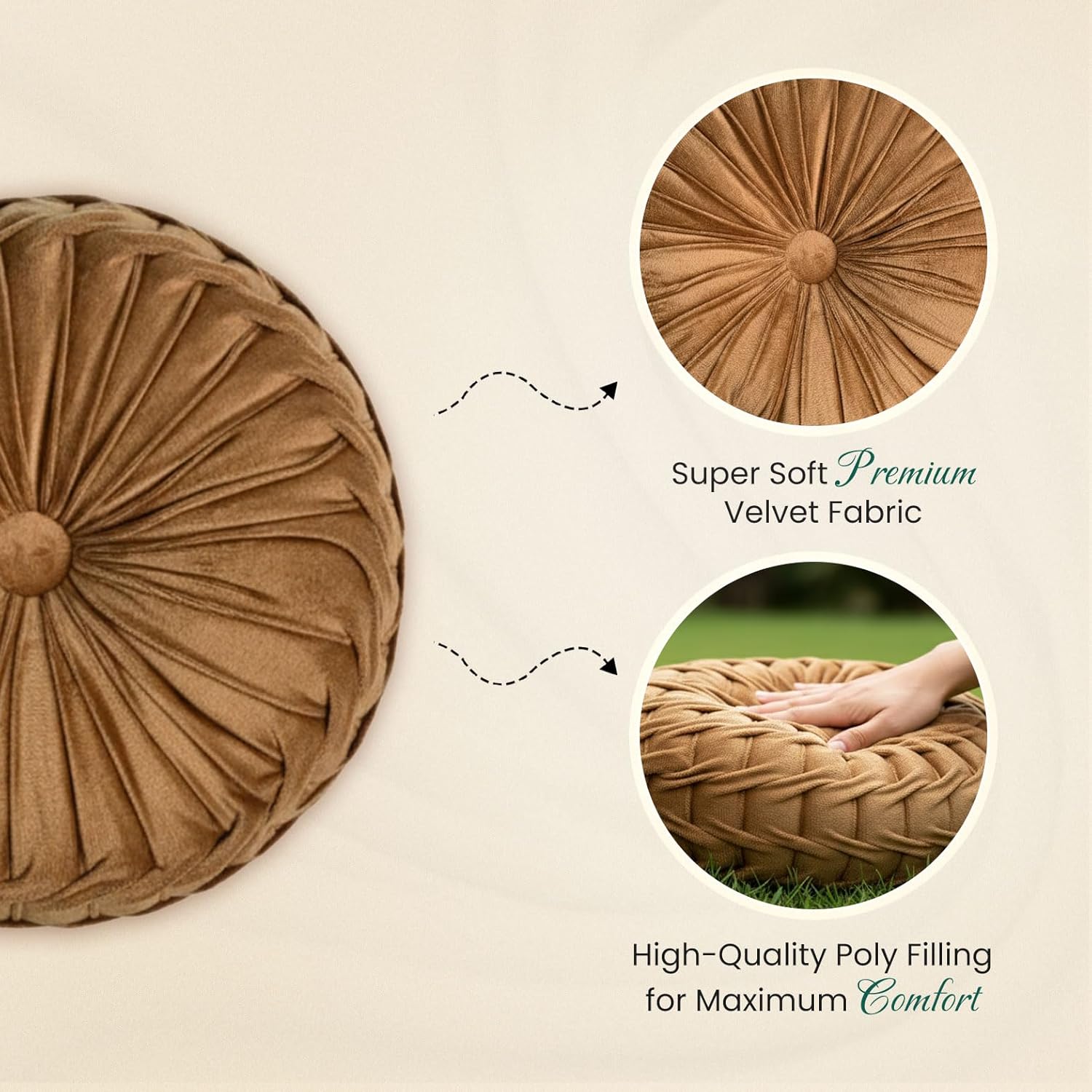 Luxurious Tan Round Cushions | 12x12 Inch Round Velvet Cushions for Sofa, Bed, Car & Living Room | Elegant Throw Pillow for Cozy Home Décor Pack of 2
