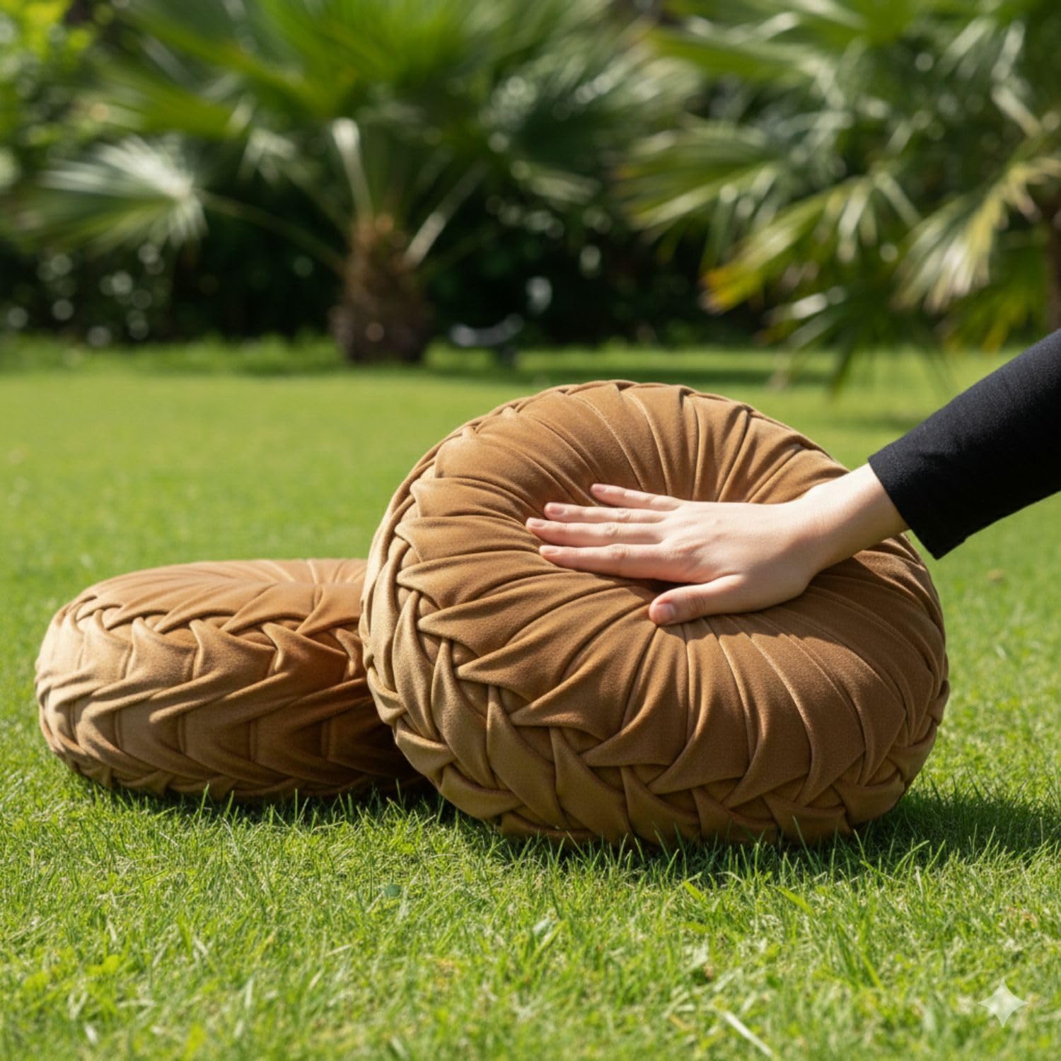 Luxurious Tan Round Cushions | 12x12 Inch Round Velvet Cushions for Sofa, Bed, Car & Living Room | Elegant Throw Pillow for Cozy Home Décor Pack of 2