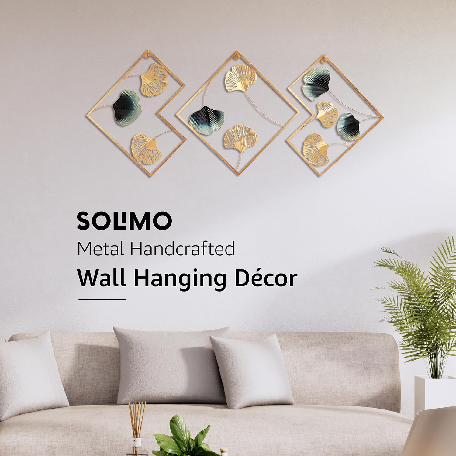 Solimo Metal Leaf Wall Sculpture/Hanging for Living Room | Elegant Iron Wall Art | Sturdy Iron | Wall Hanging | Wall Décor | Easy Installation | 78 x 42 cm | Set of 3