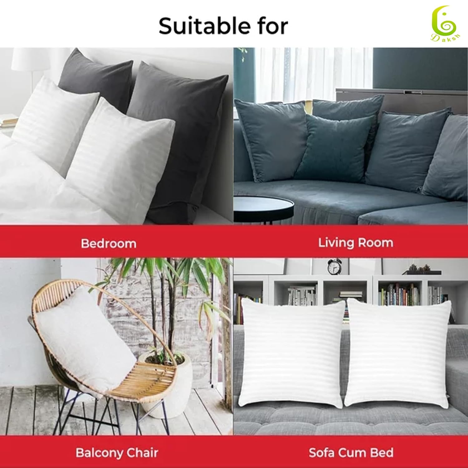 DAKSH Set of 6, 16 x 16 Inch Microfiber Filled Cushion Filler, Soft & Fluffy - Premium Hotel Quality Cushions - Sofa Cushions, Bed, Office, Cushion Pillow, Throw Pillow Insert - Chritmas Gifts - White