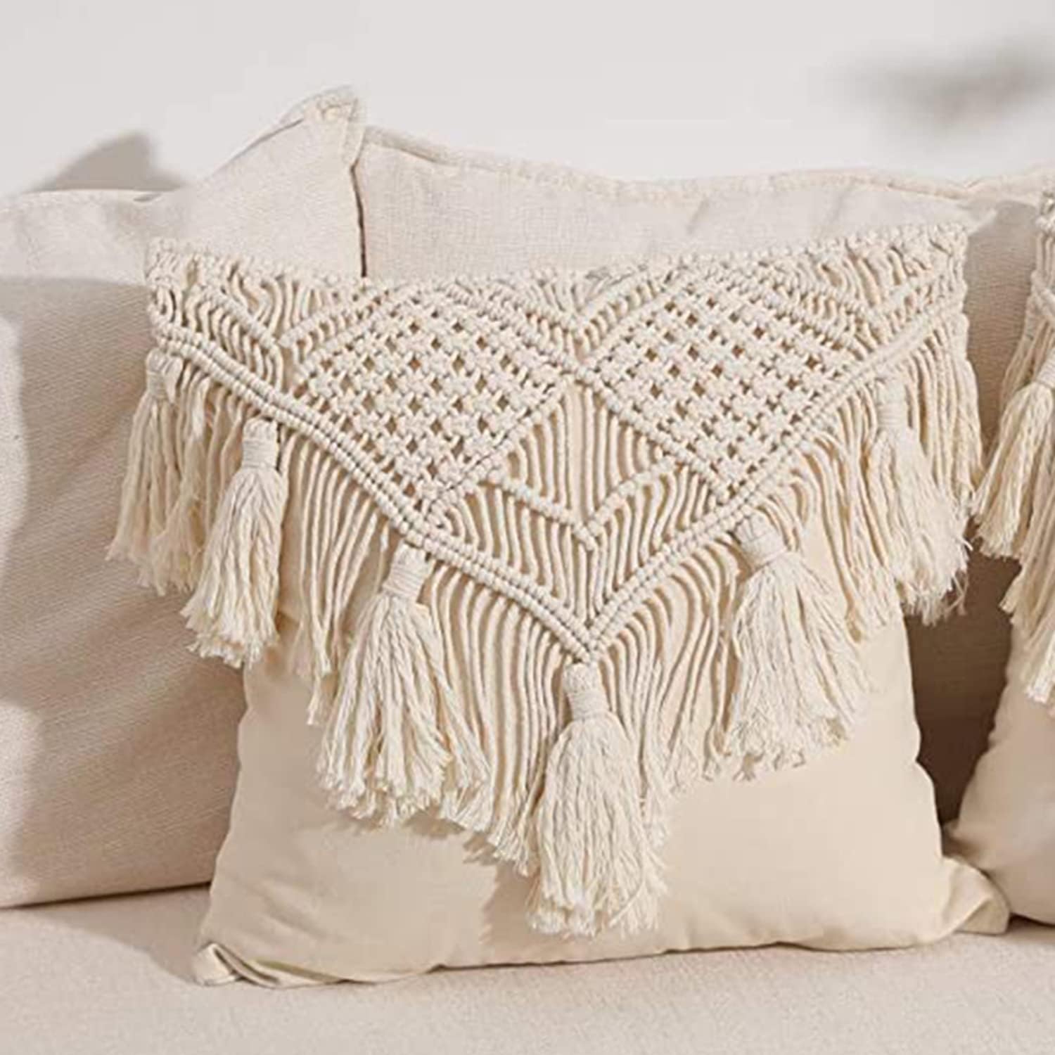 Kaahira Handmade Cotton Macrame Cushion Pillow Cover Boho Home Decor Abstract Pattern 16 x 16 Inch in Off White Color - 1 Pcs (16 x 16) in-250 TC