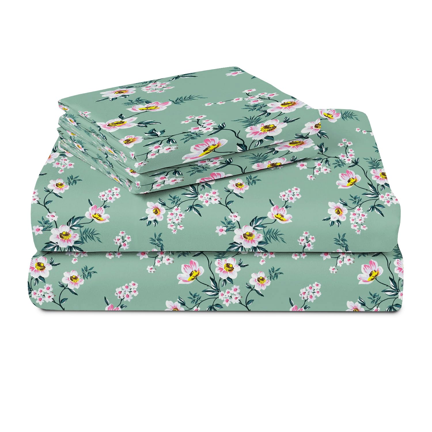 BSB HOME 100% Cotton Feel Double Bed Bedsheet Set | 144 TC Soft & Breathable | Mint Green White Flower Print with 2 Pillow Covers | Wrinkle Free | for Bedroom (90 x 90 Inches)