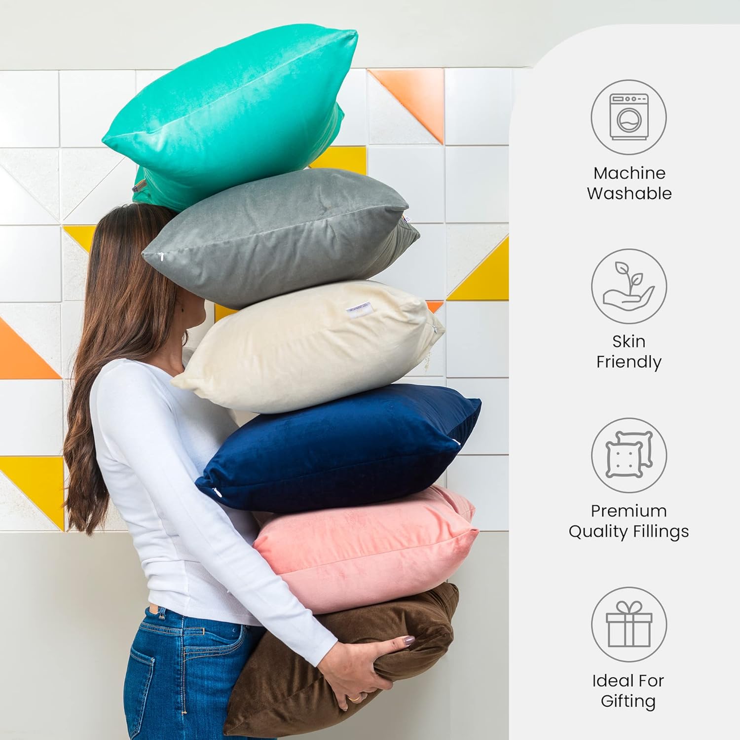 MY ARMOR Microfibre Cushion for Sofa | Set of 5 Soft & Fluffy Square Sofa Cushions | Decorative Sofa Pillows for Bed, Chair, Car & Living Room | Velvet Cover | Grey | 18 x 18 Inch