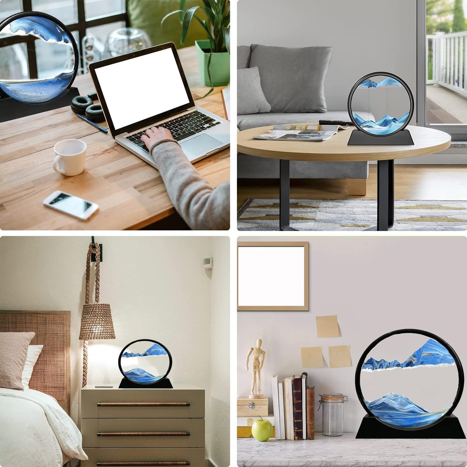 Click to see full view FEBLICH 3D Moving Sand Art Picture Glass Liquid Painting Natural Landscape Showpieces for Home Decor, Antique Gifts for Kids, Office Desktop Decoration, Desk Table Decorative Items (Blue)